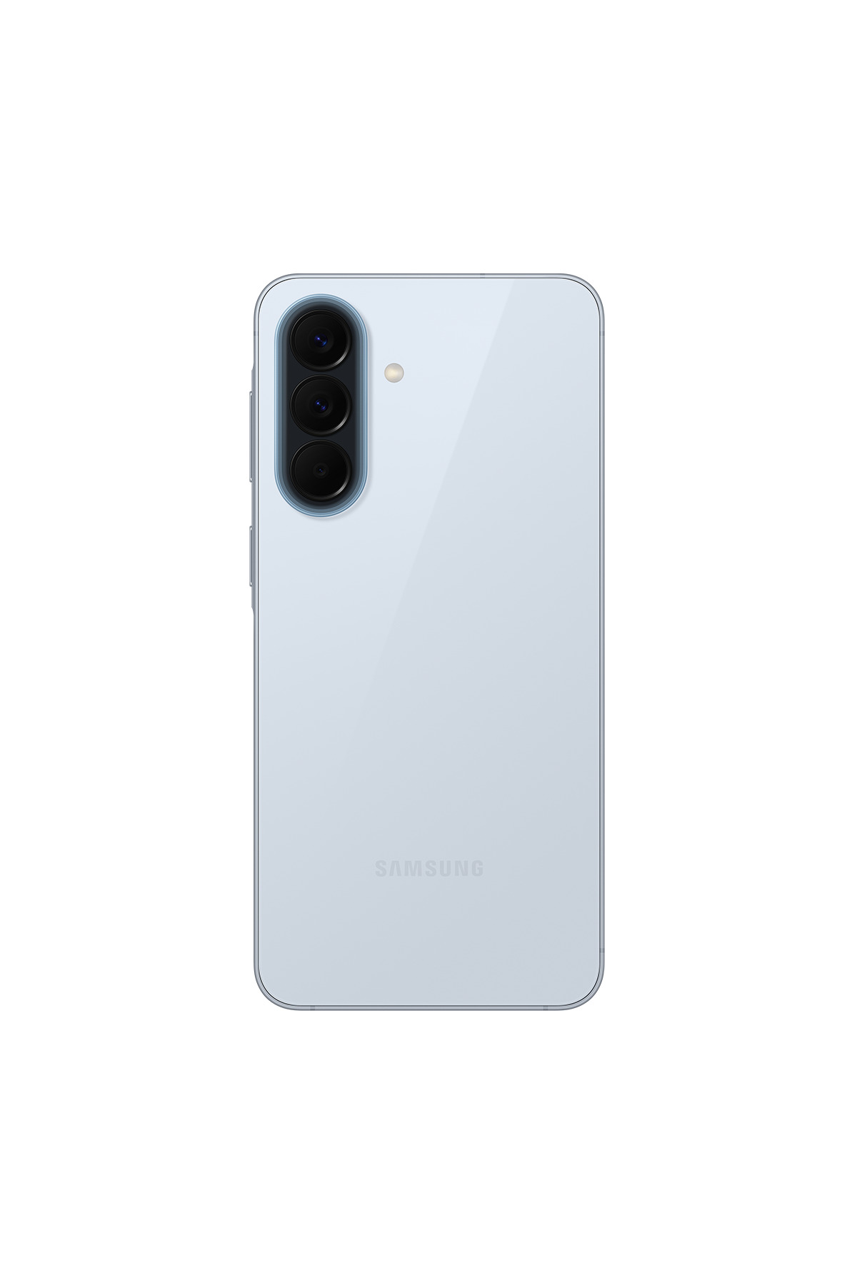 Arkada üç kamera ve flaşa sahip açık mavi Samsung akıllı telefon.