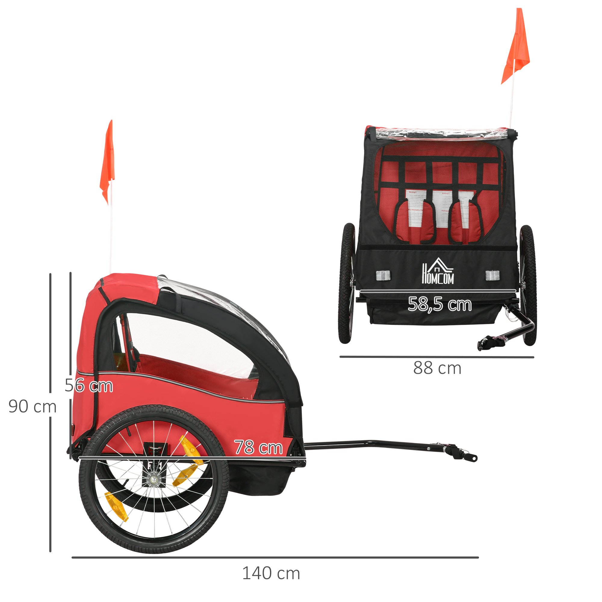 Remolque de bicicleta rojo con dos ruedas, banderas de seguridad y dimensiones.