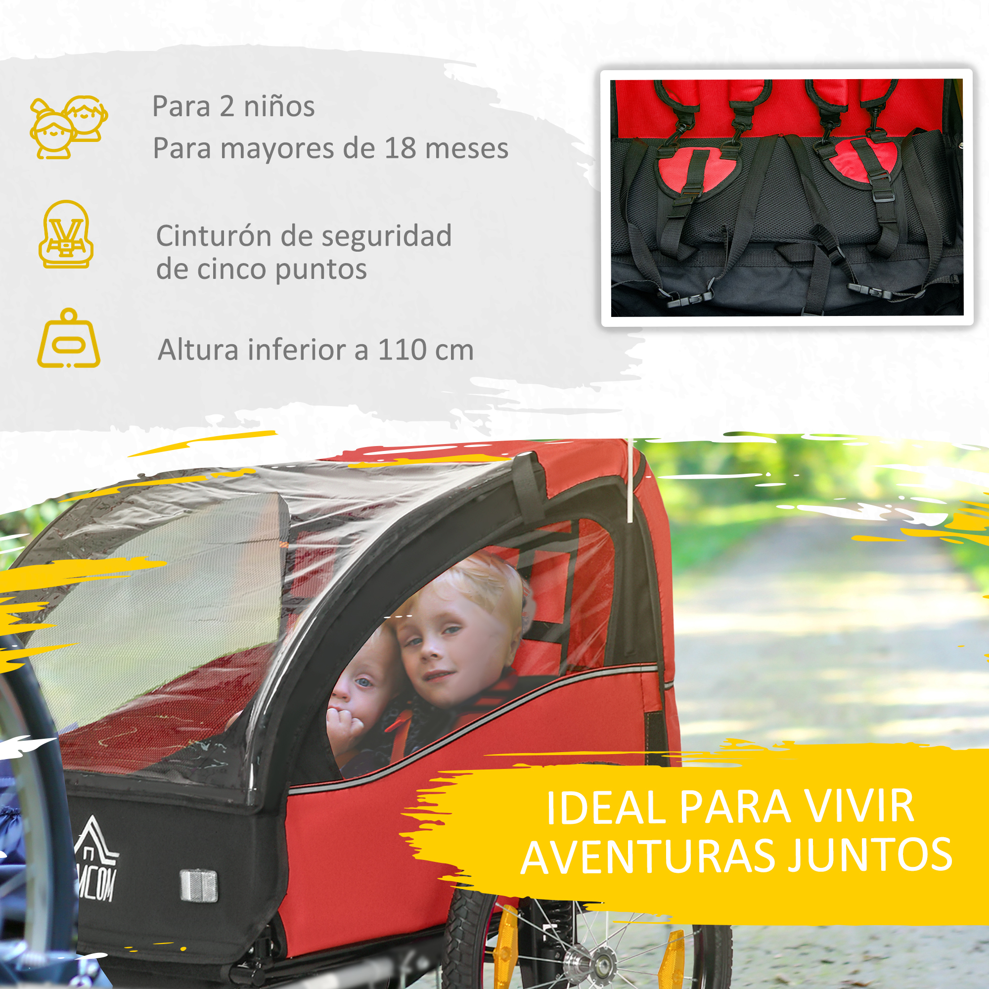 Remolque de bicicleta rojo con dos niños dentro, en un camino.