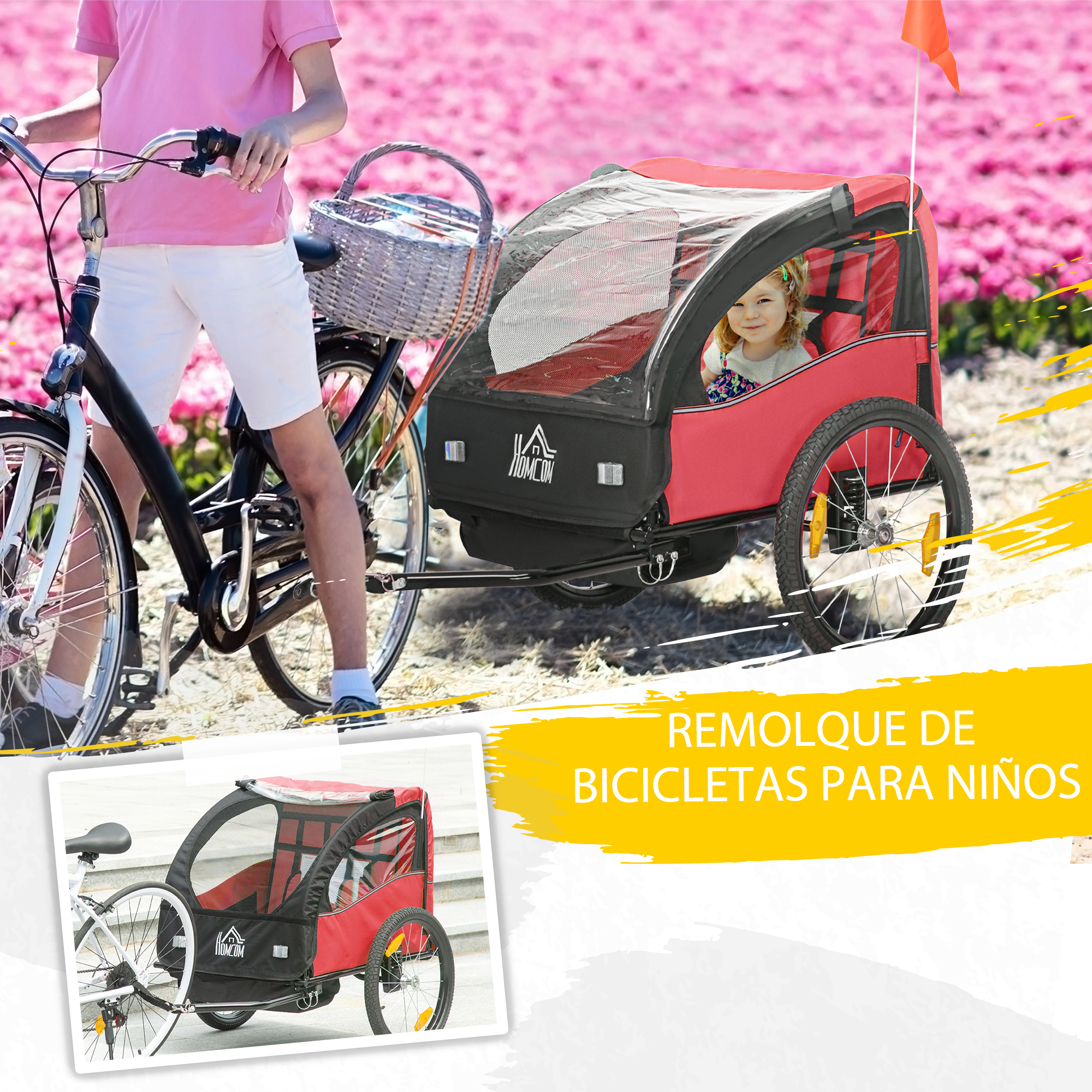Un remolque de bicicleta rojo para niños tirado por una bicicleta en un campo de flores rosas.