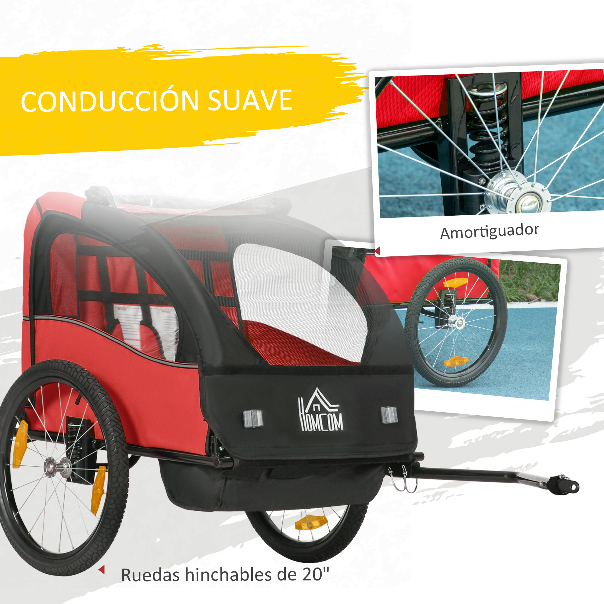 Remolque de bicicleta rojo con detalles negros y suspensión. Se ven detalles.