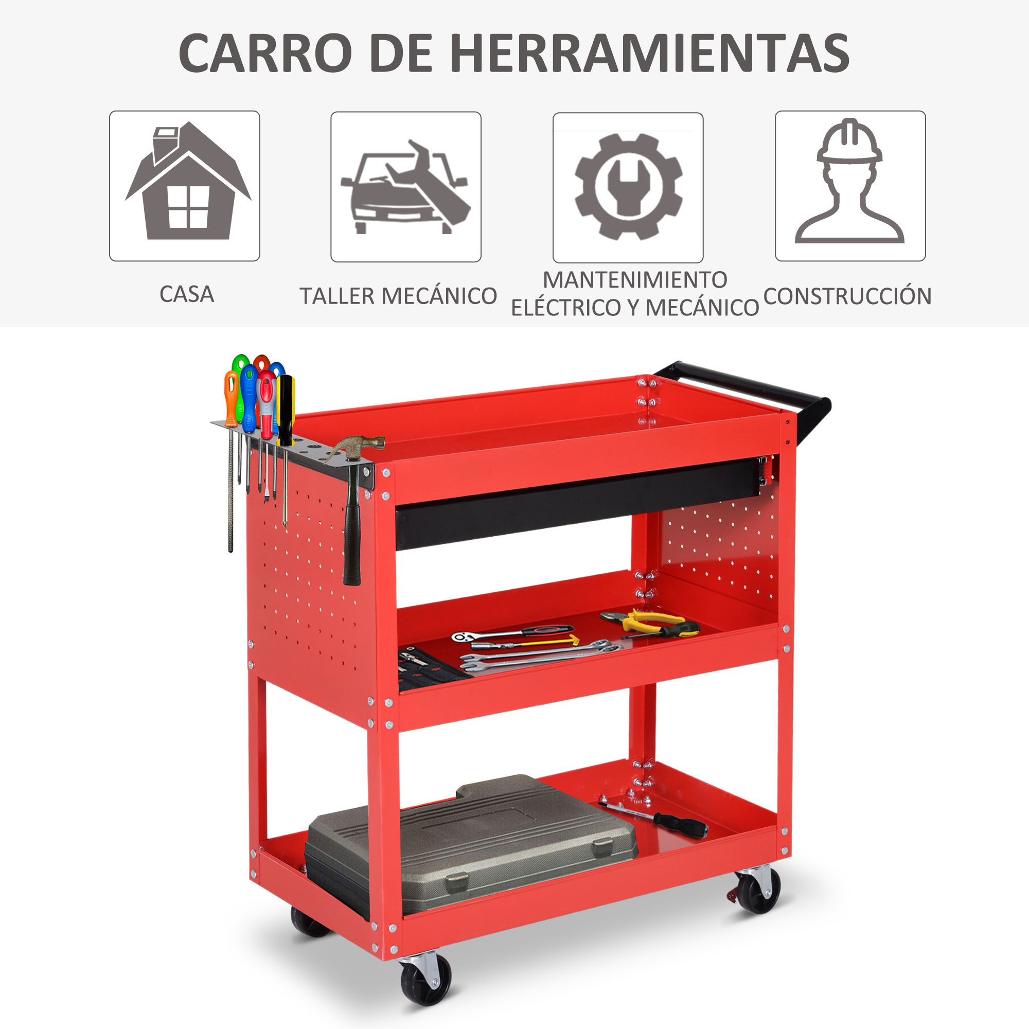 Un carro de herramientas rojo con herramientas como destornilladores y alicates.