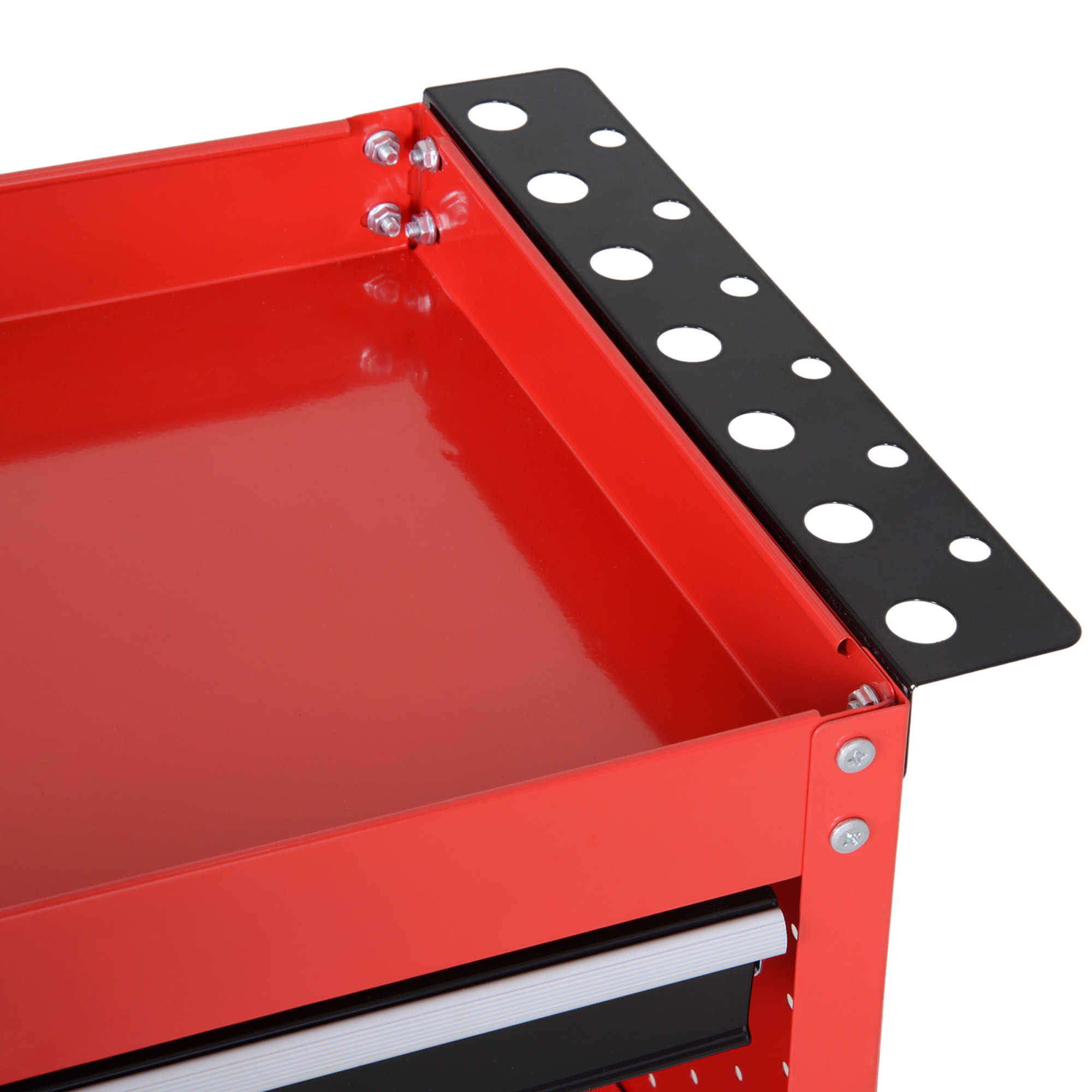 Carro de herramientas rojo con panel perforado negro y tornillos plateados.