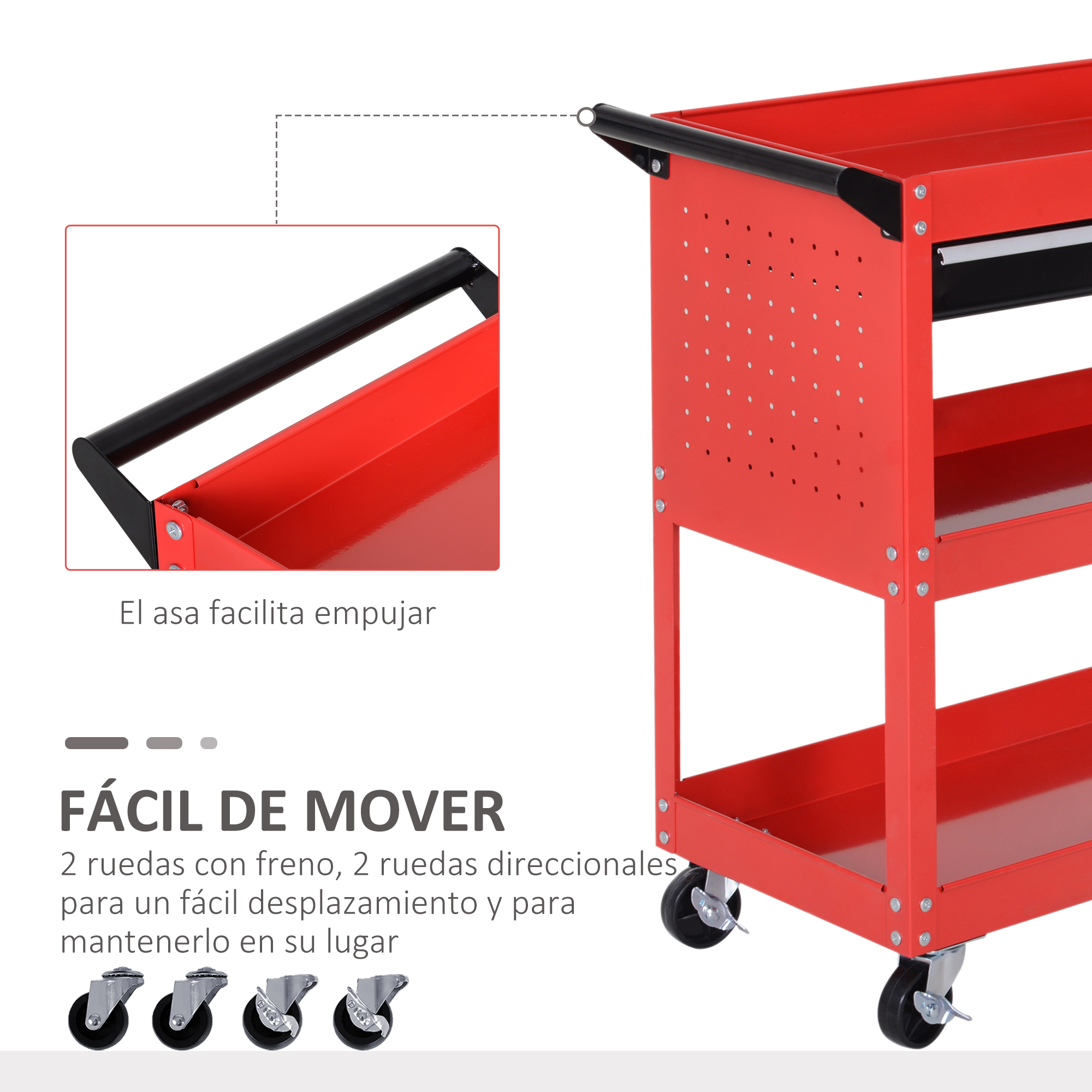 Carro de herramientas rojo con asa y ruedas. Fácil de mover.