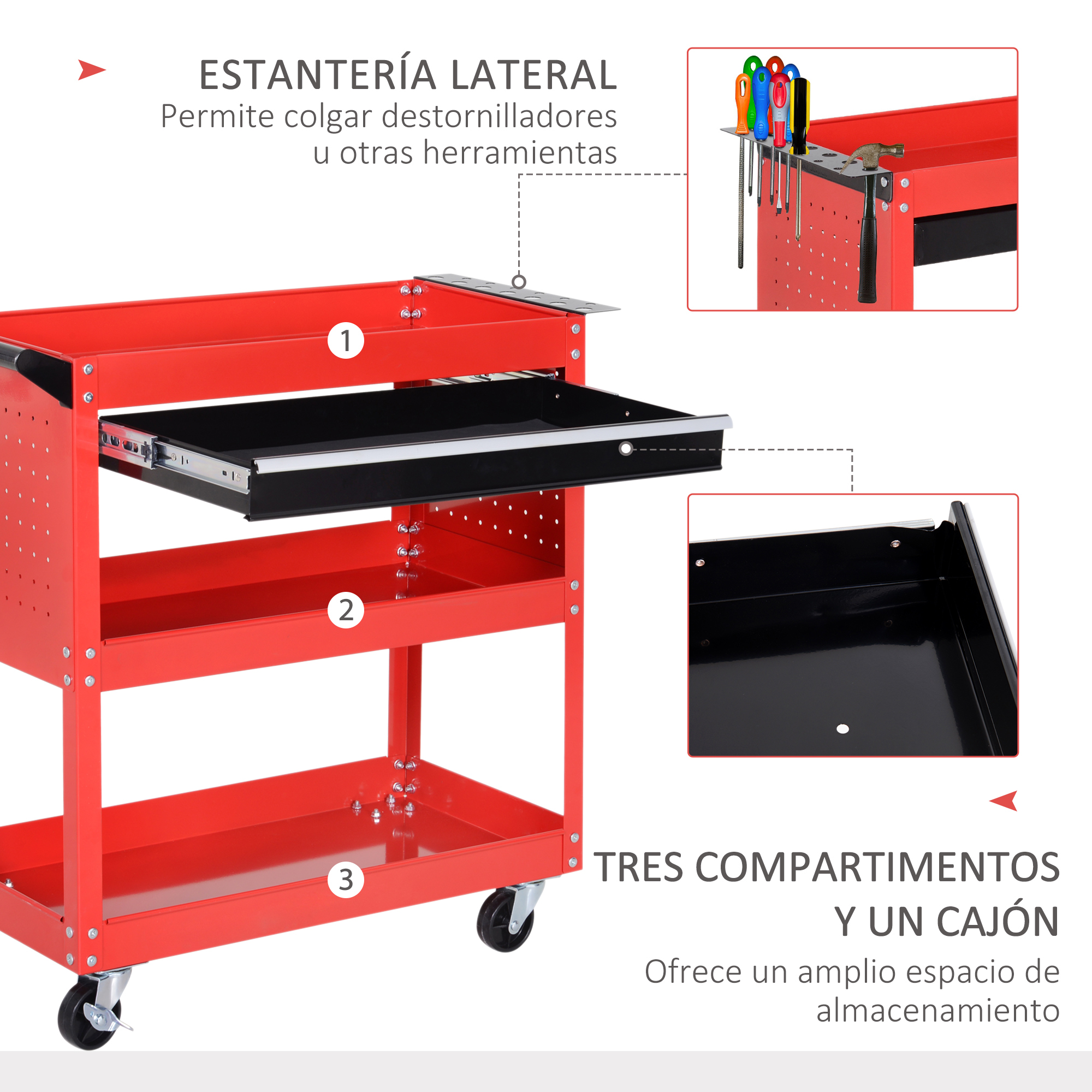 Carro de herramientas rojo con cajón, tres compartimentos y soporte.