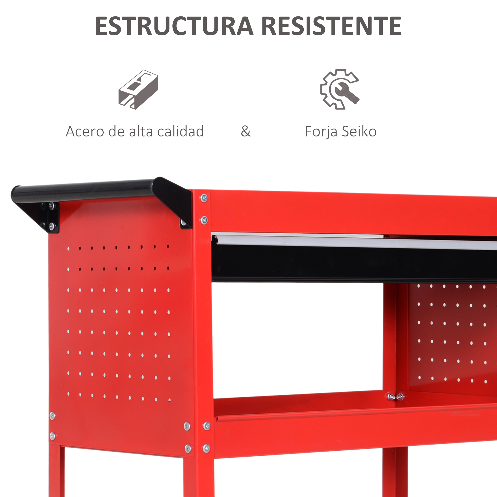 Un carro de herramientas rojo con laterales de panel perforado y barra negra.
