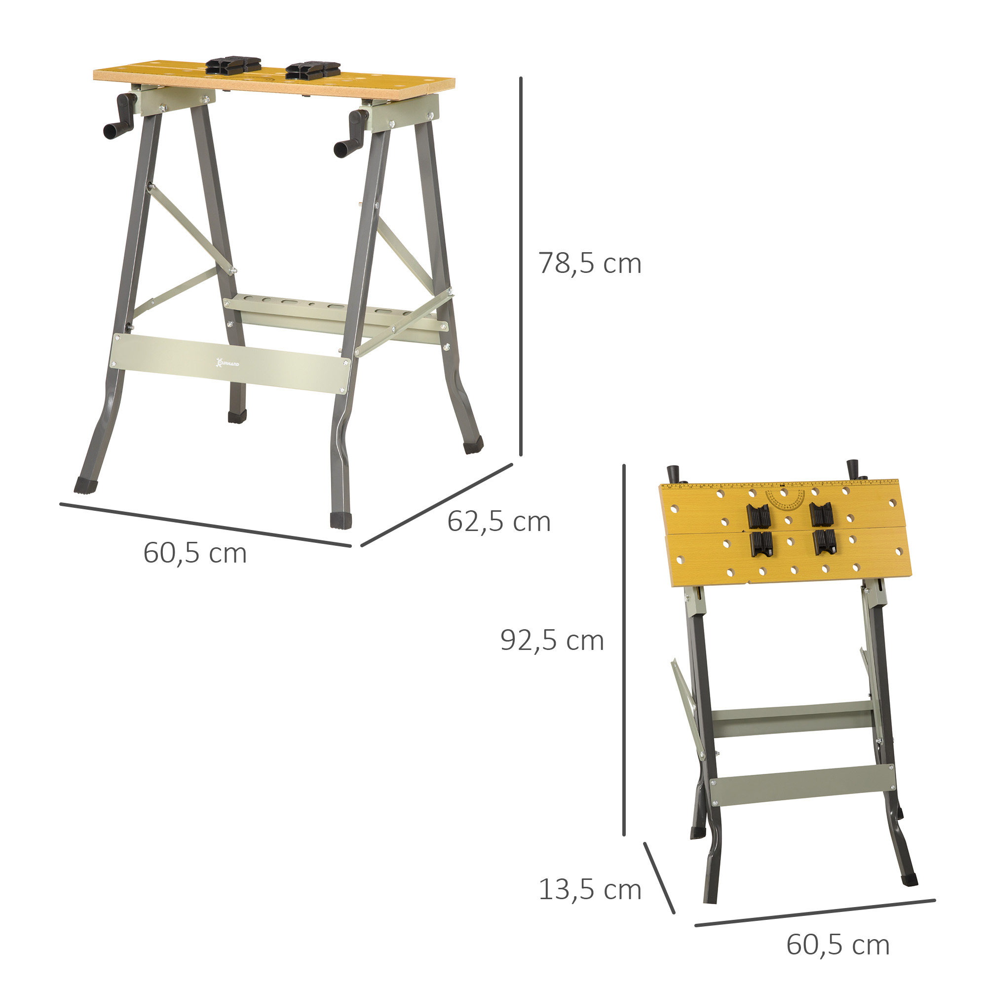 Un banco de trabajo plegable con dimensiones mostradas. Tiene tapa de madera y estructura metálica.