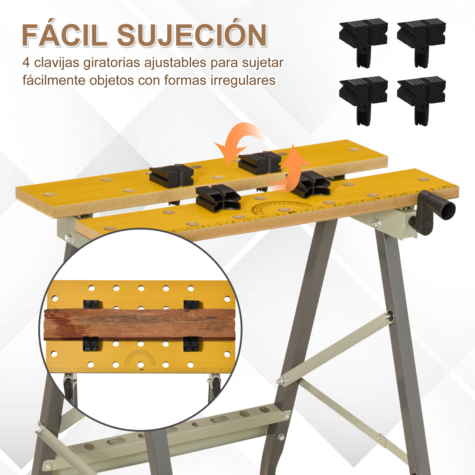 Banco de trabajo con 4 bloques de sujeción negros y flechas naranjas.
