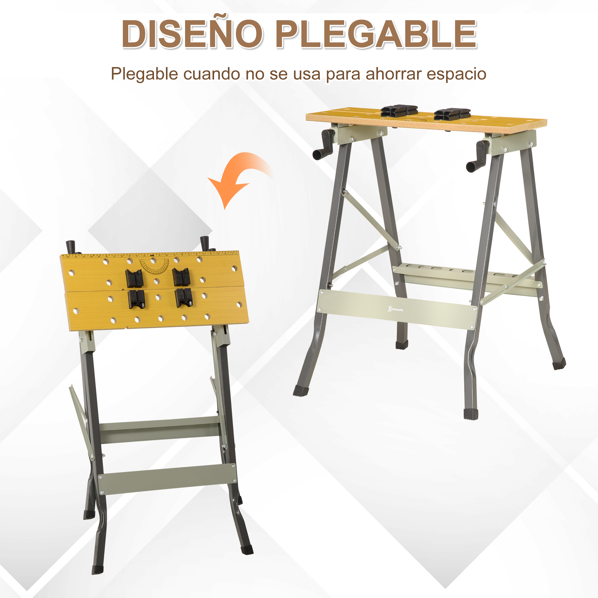 Banco de trabajo plegable con tablero amarillo y patas grises.