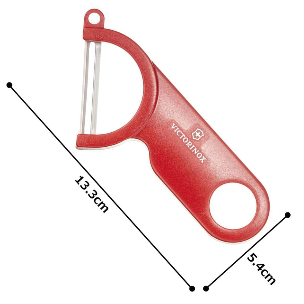 Gümüş bıçaklı ve ölçülü kırmızı bir Victorinox soyucu.