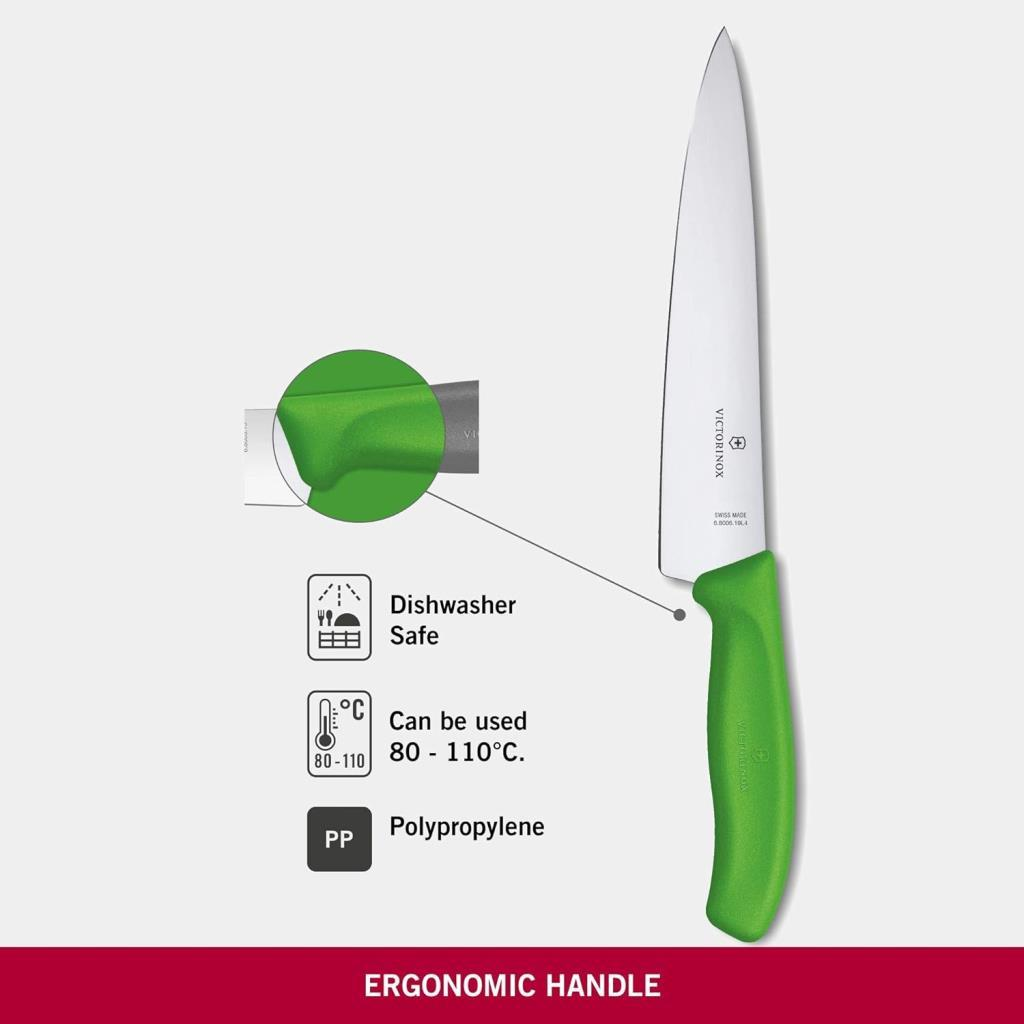 Yeşil saplı Victorinox bıçağı, özellikleri: bulaşık makinesinde yıkanabilir, 80-110°C, polipropilen.