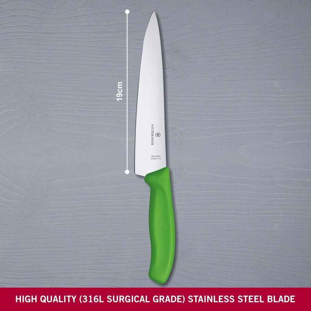 Yeşil saplı 19 cm'lik Victorinox şef bıçağı gri arka planda.