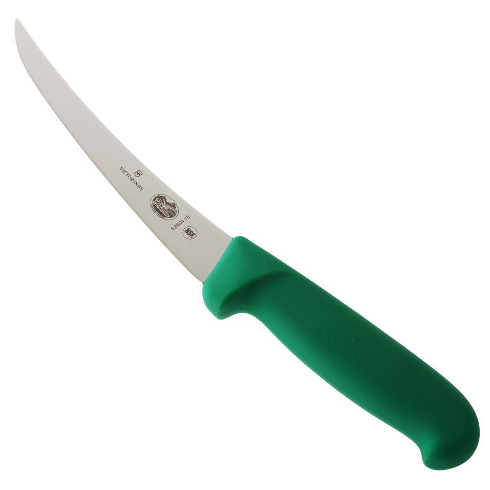 Kavisli gümüş bıçaklı ve yeşil saplı bir Victorinox bıçağı.