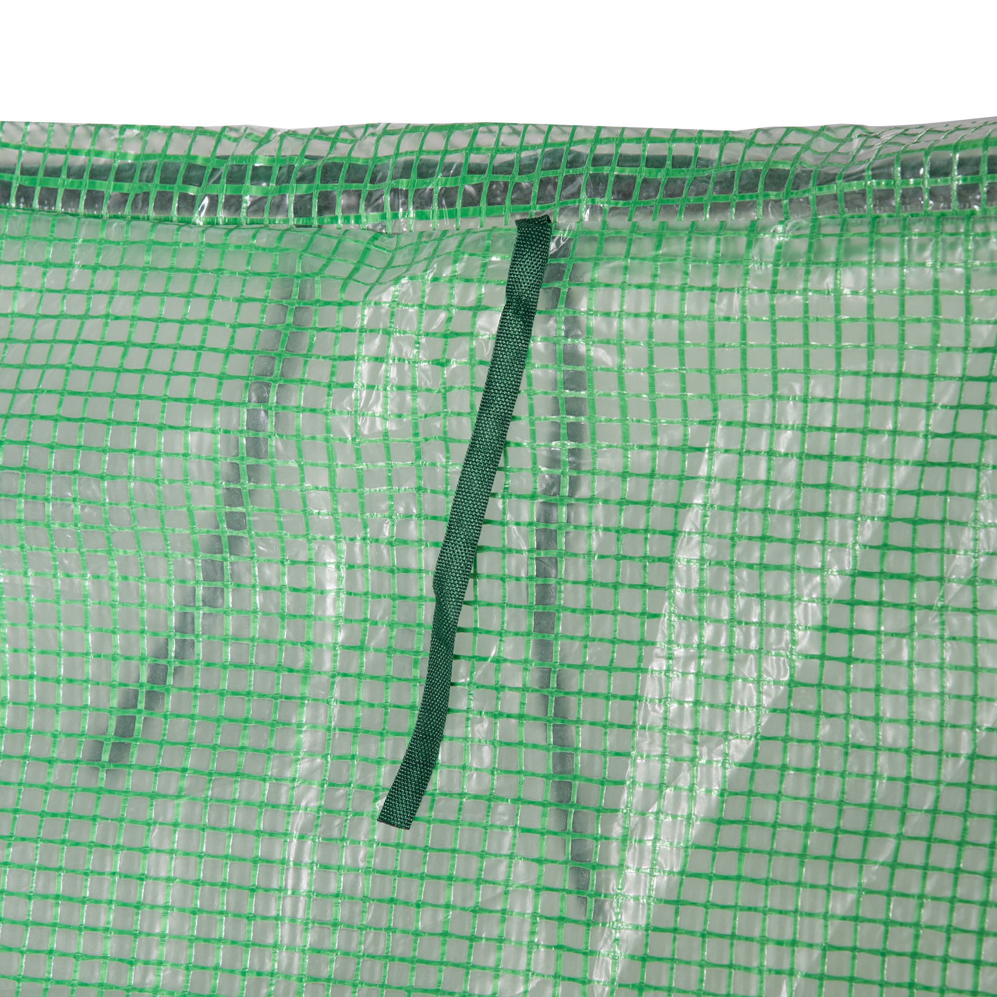 Malla verde sobre material transparente con una correa verde oscuro.