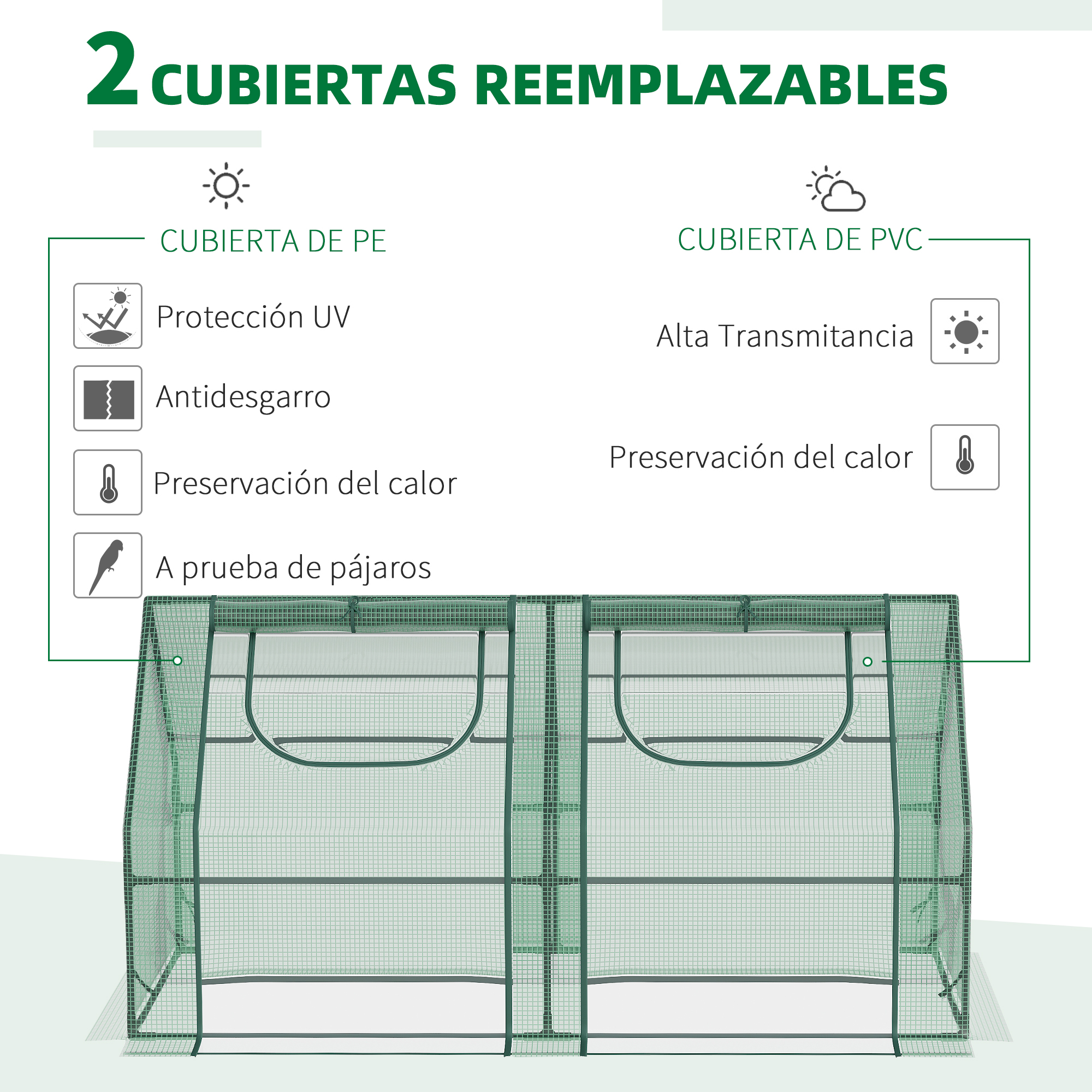 Dos invernaderos con cubiertas de PE y PVC, con protección UV, resistencia al desgarro, conservación del calor.