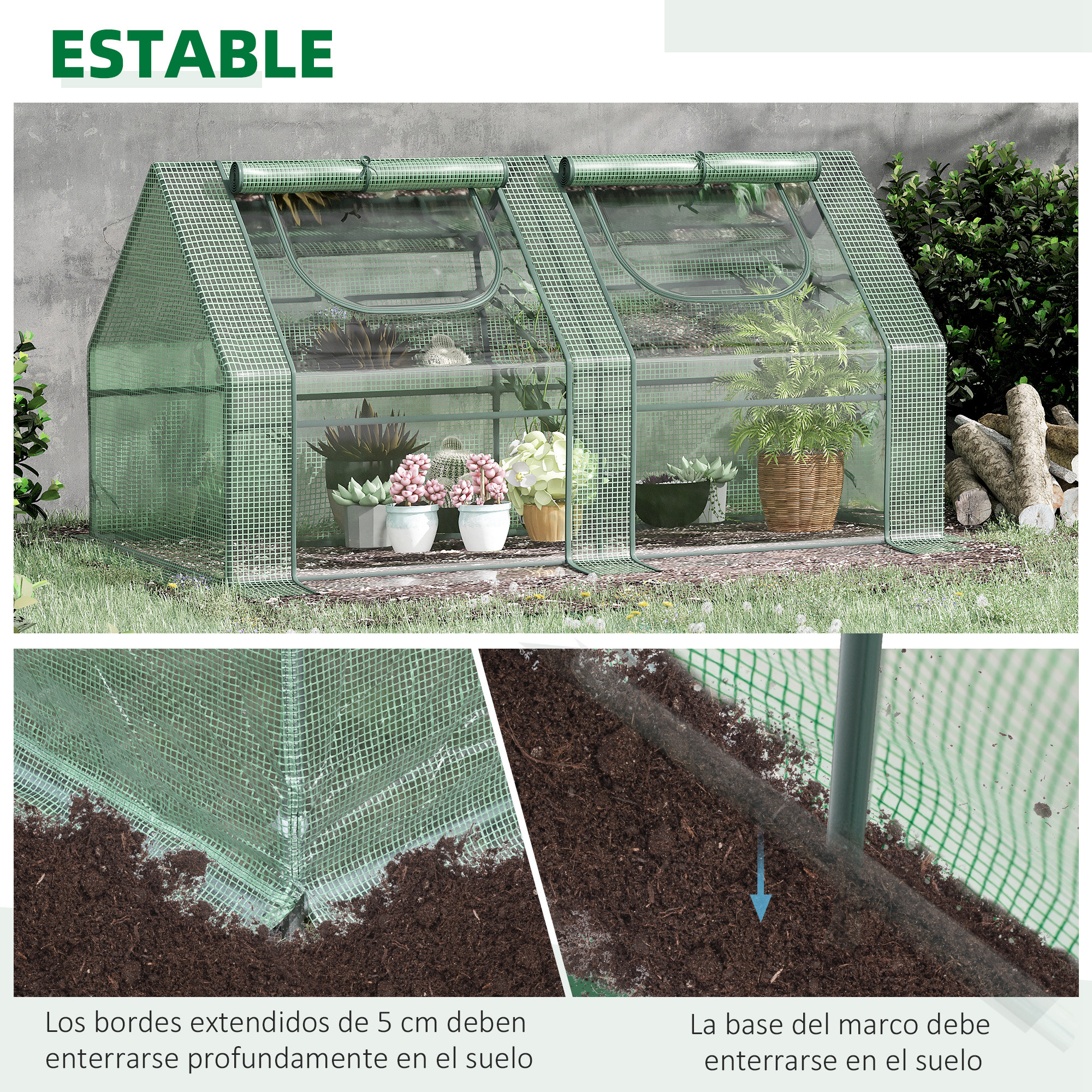 Un invernadero verde con plantas y tierra al aire libre.