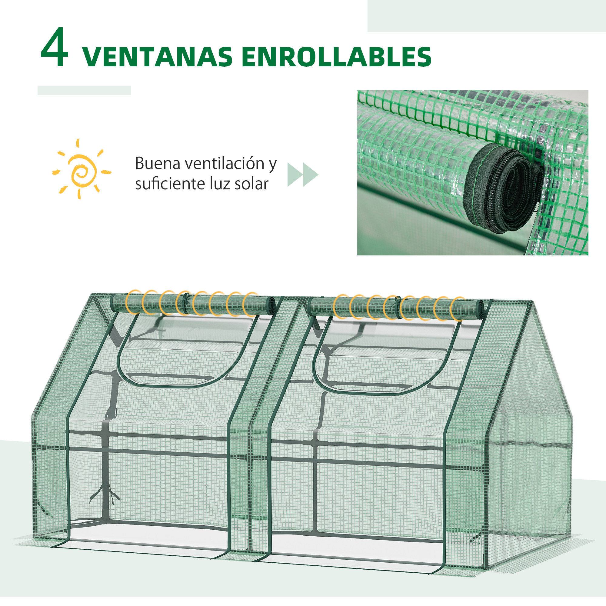 Un invernadero verde con cuatro ventanas enrollables y marcos plateados.