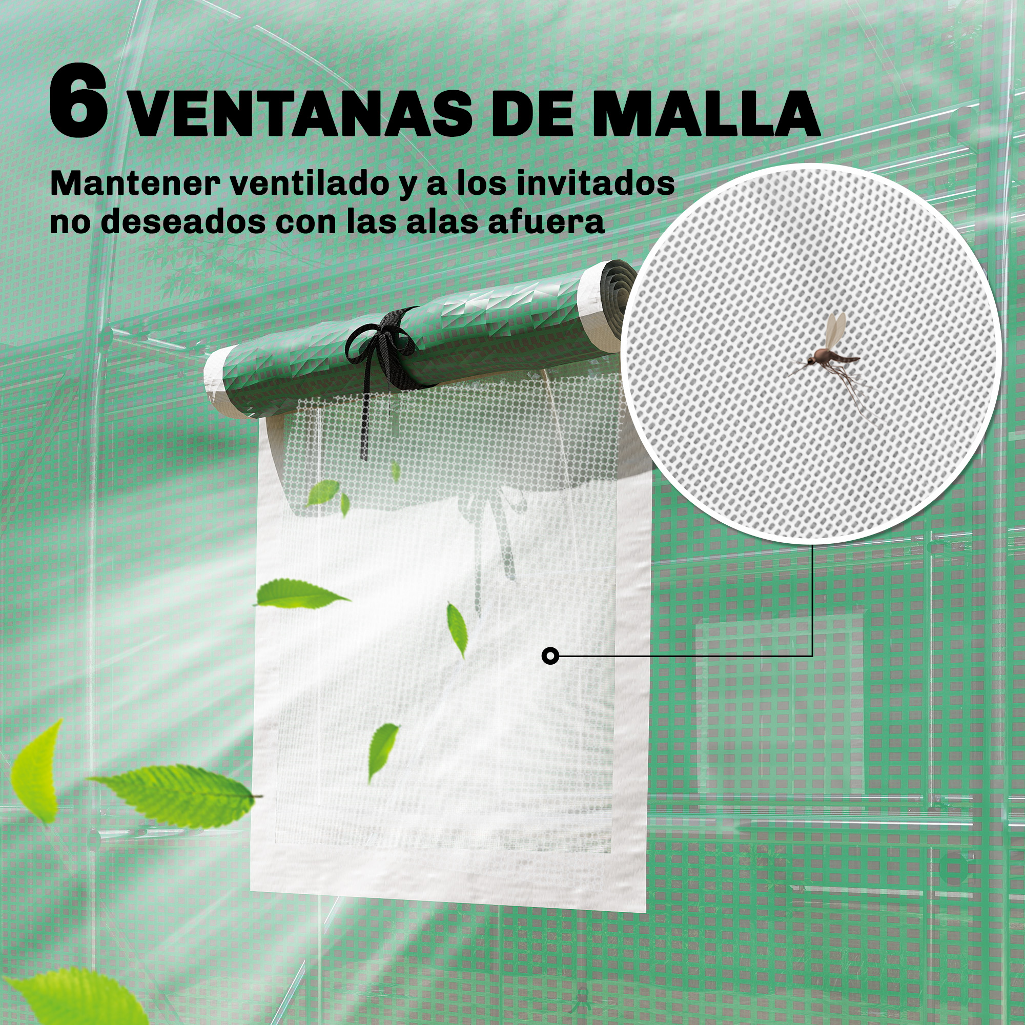 Una ventana de malla con una cubierta verde enrollada y hojas, mosquito visible.
