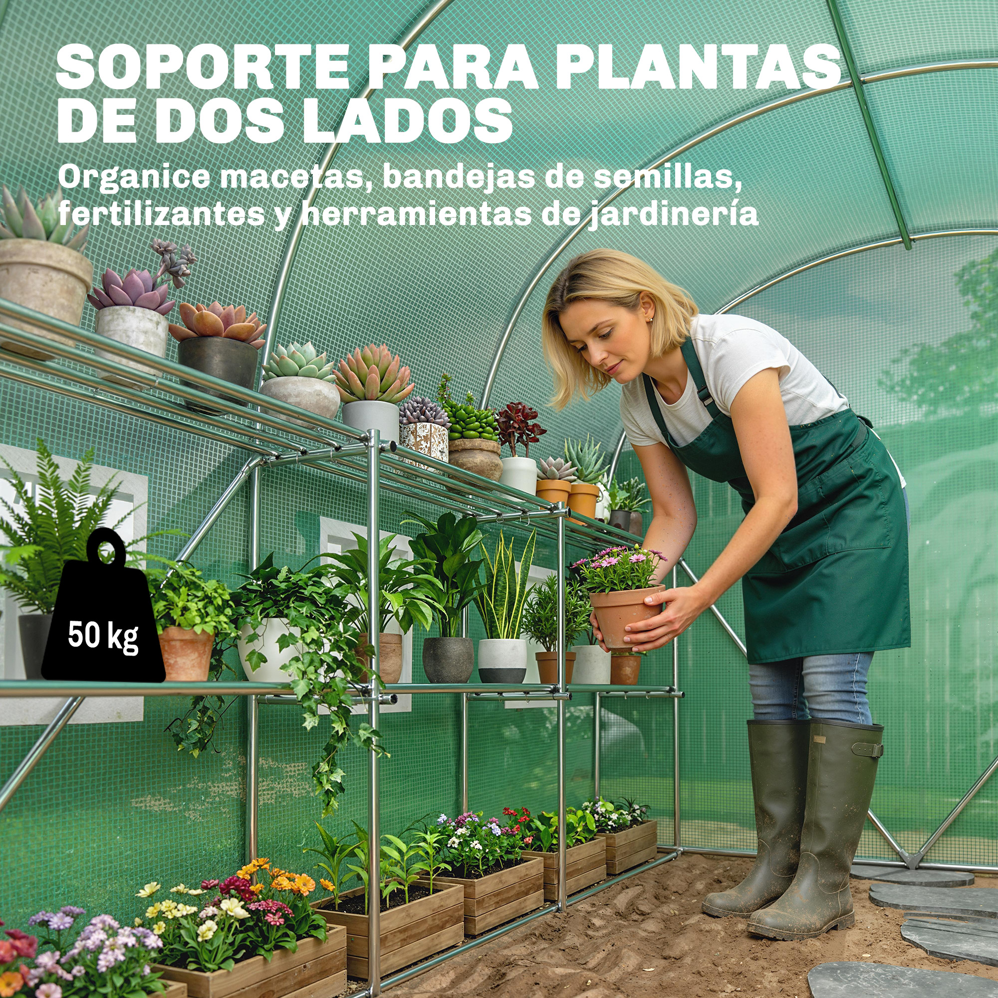 Una mujer en un invernadero organizando plantas en estantes, con un peso de 50 kg cerca.