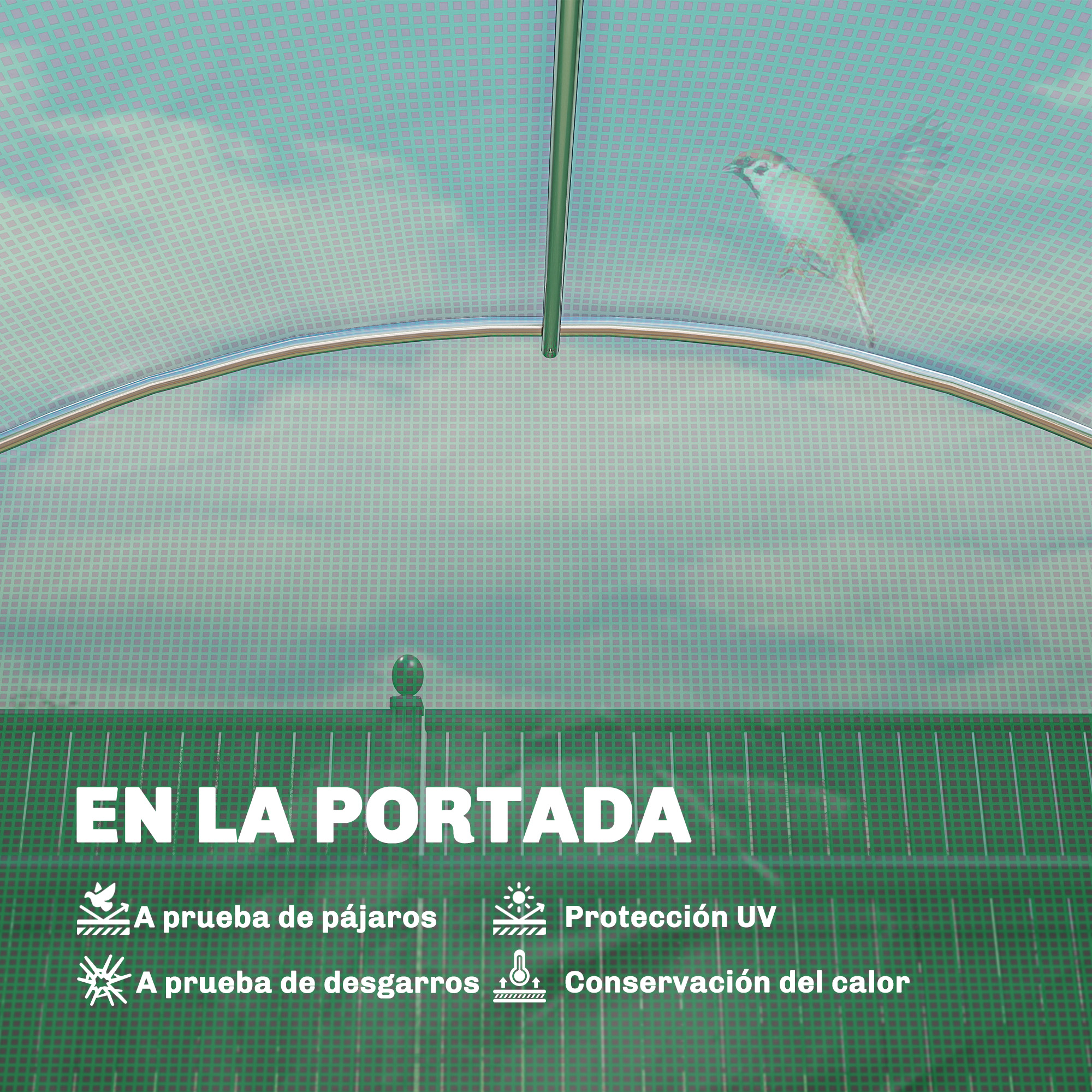 Un pájaro vuela bajo una cubierta curva y cuadriculada con texto.