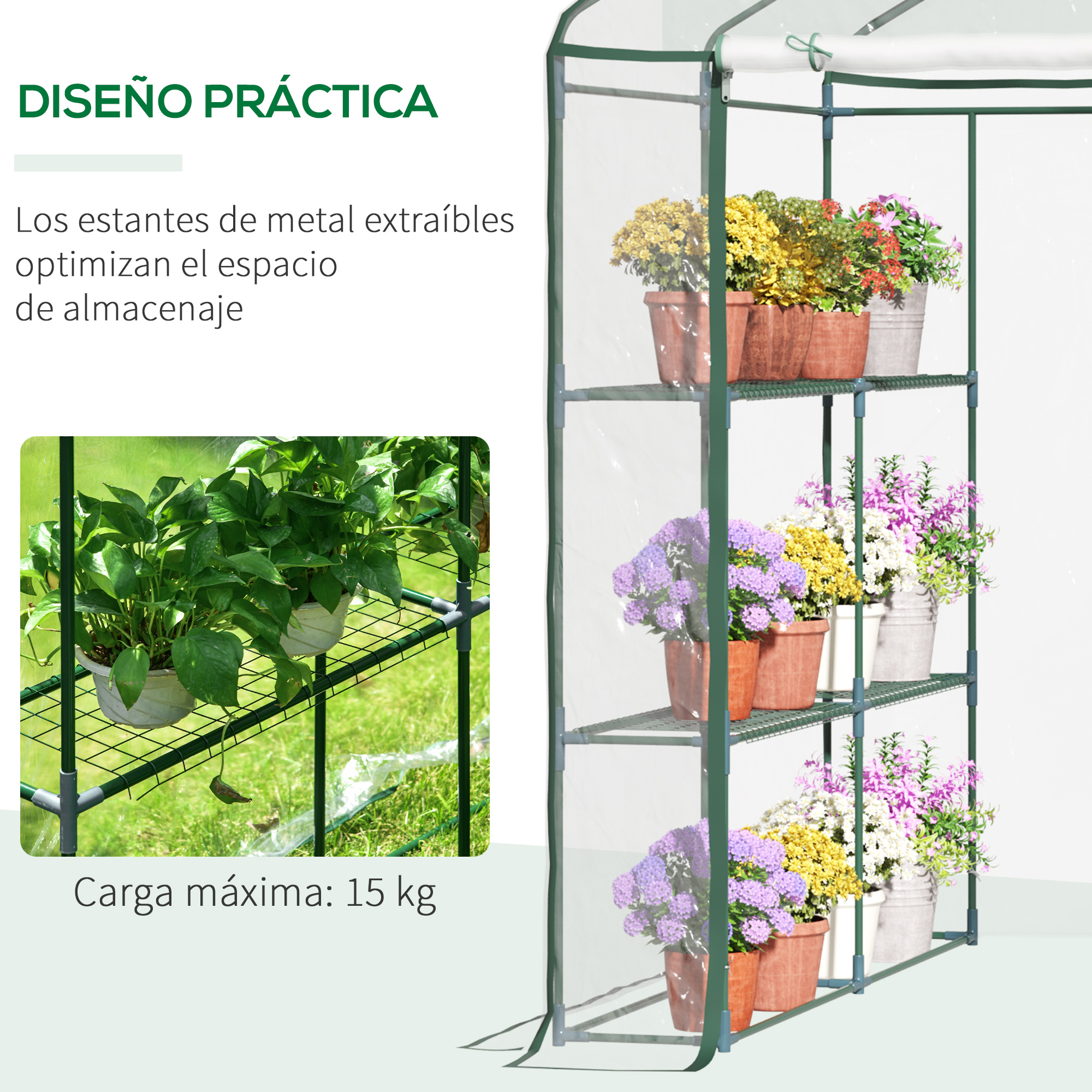 Un invernadero verde con estantes llenos de plantas en macetas coloridas.