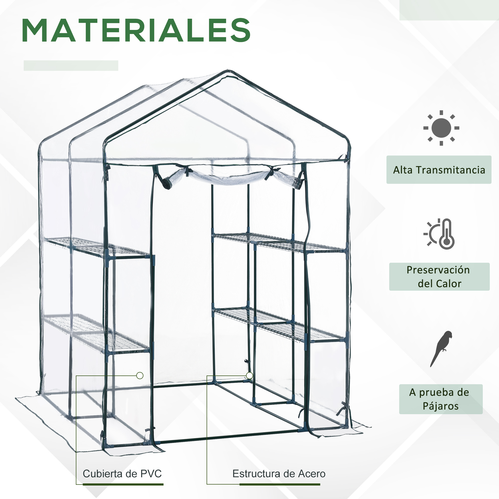 Un armario de invernadero transparente con estantes de metal y cubierta de PVC.