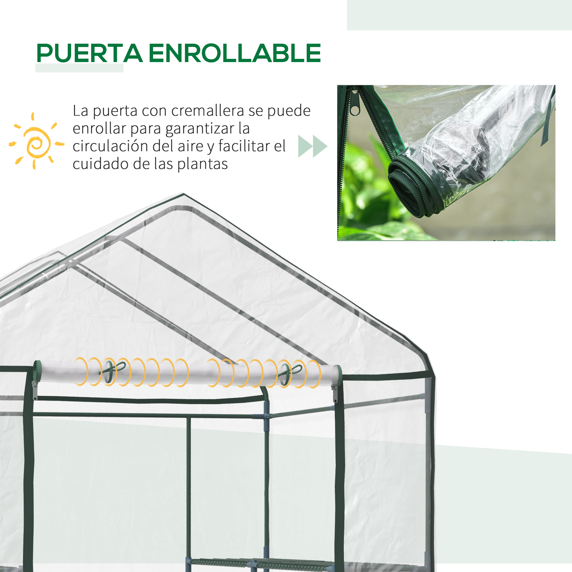 Invernadero con puerta enrollable de cremallera para ventilación.