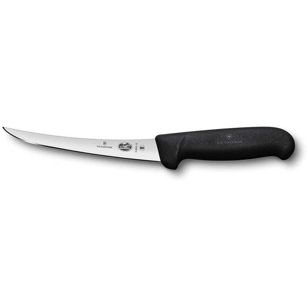 Kavisli, gümüş Victorinox bıçağı, siyah saplı, beyaz arka plana karşı gösterilmektedir.