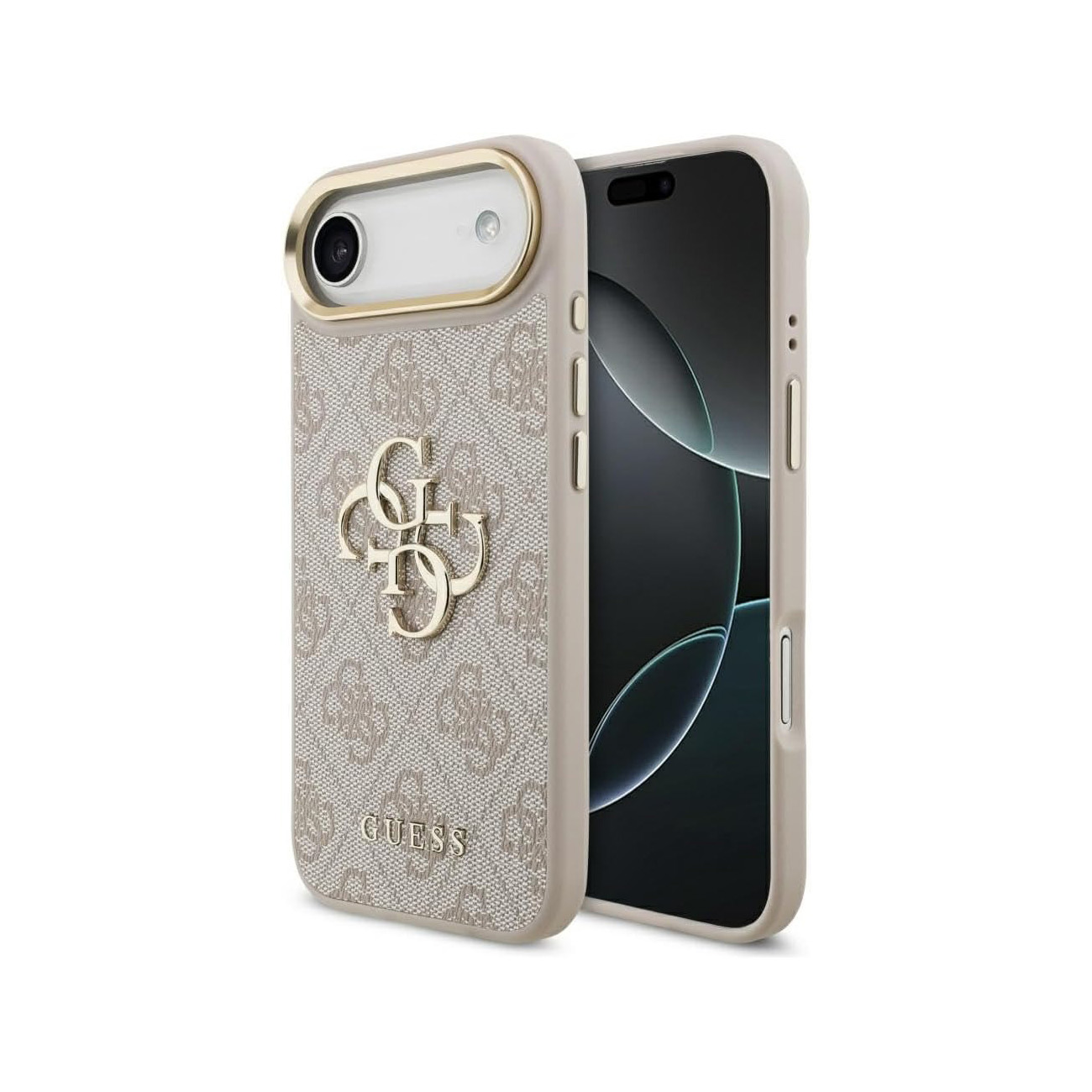 Una custodia per telefono marrone chiaro con logo GUESS e iPhone accanto.
