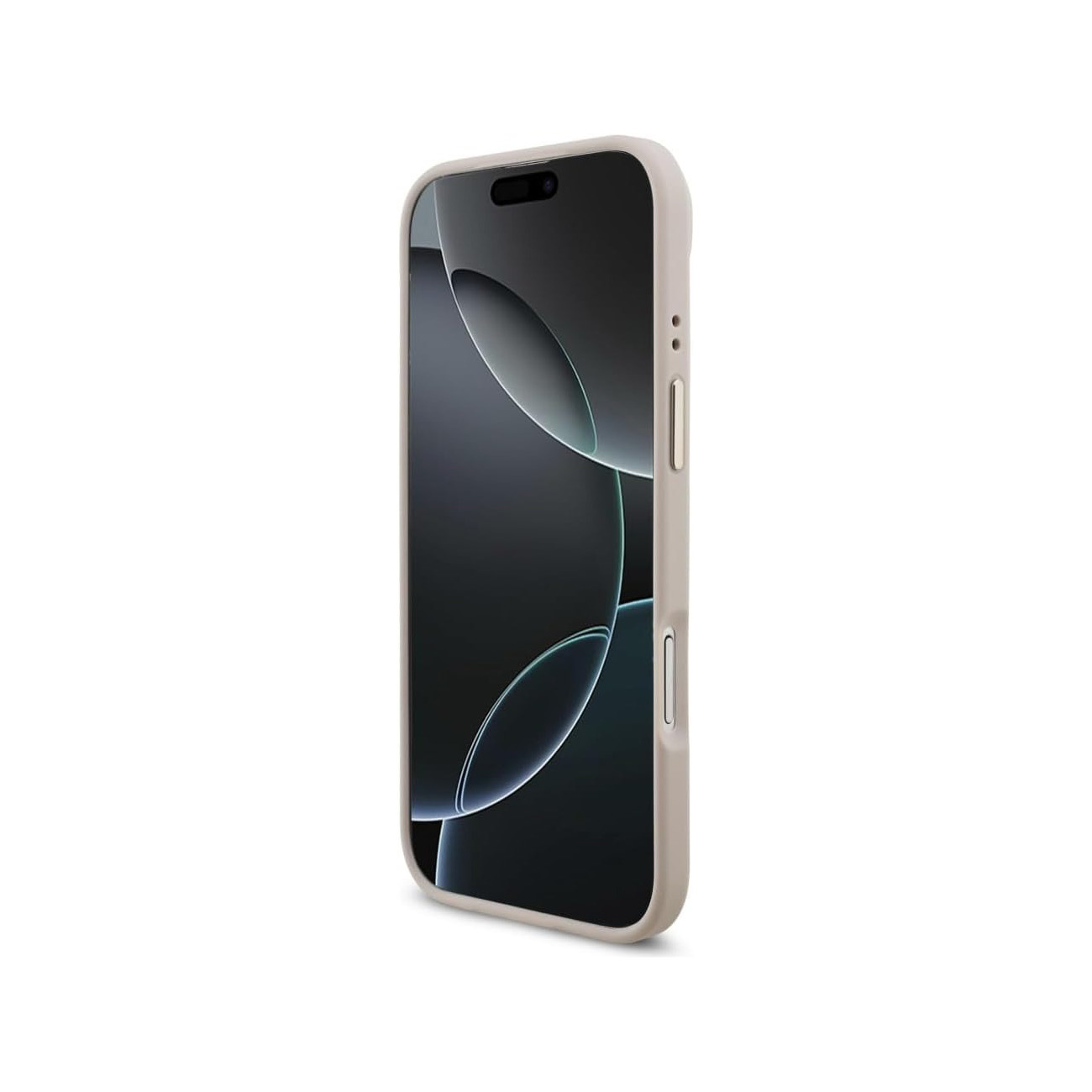 Una custodia beige chiaro per iPhone con schermo nero, su sfondo bianco.