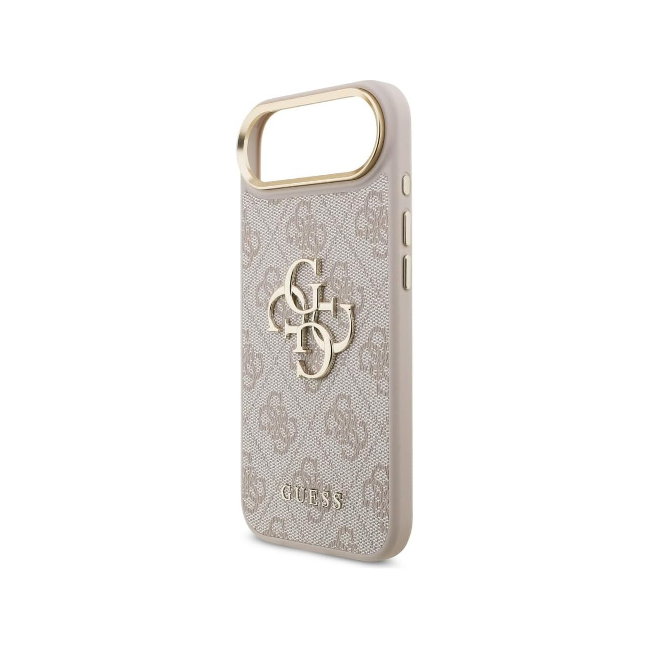 Custodia per telefono beige con motivo logo Guess ripetuto e bordo oro.
