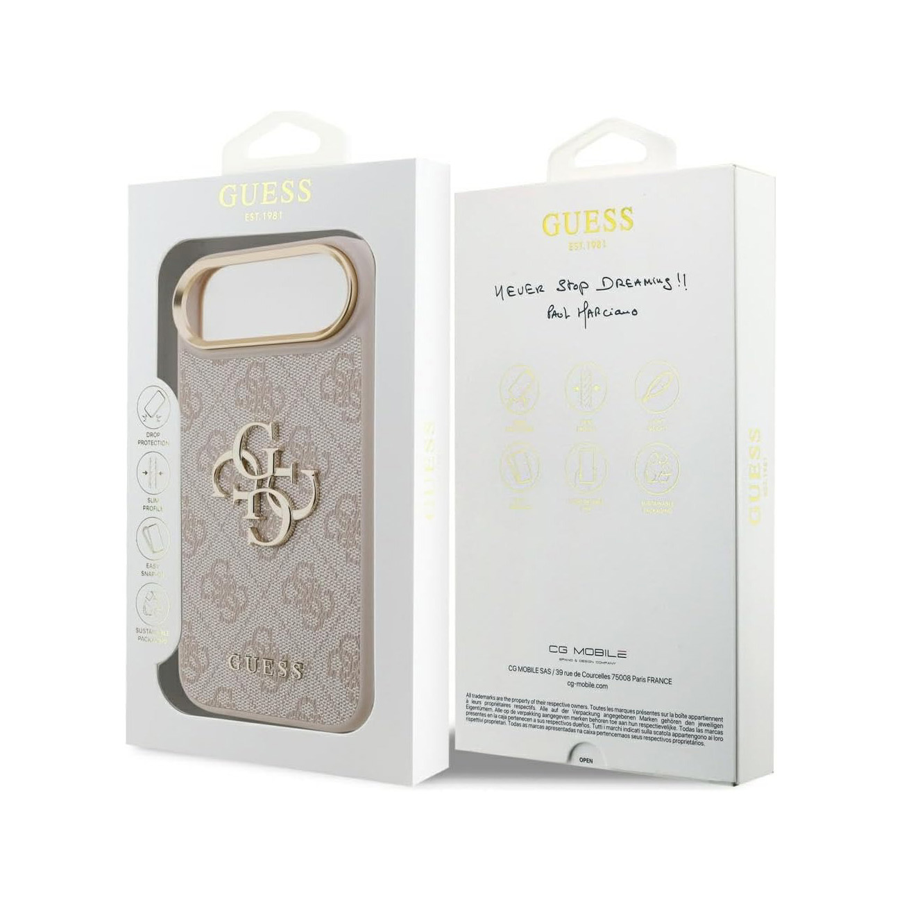 Custodia per telefono Guess in confezione beige con logo e testo.