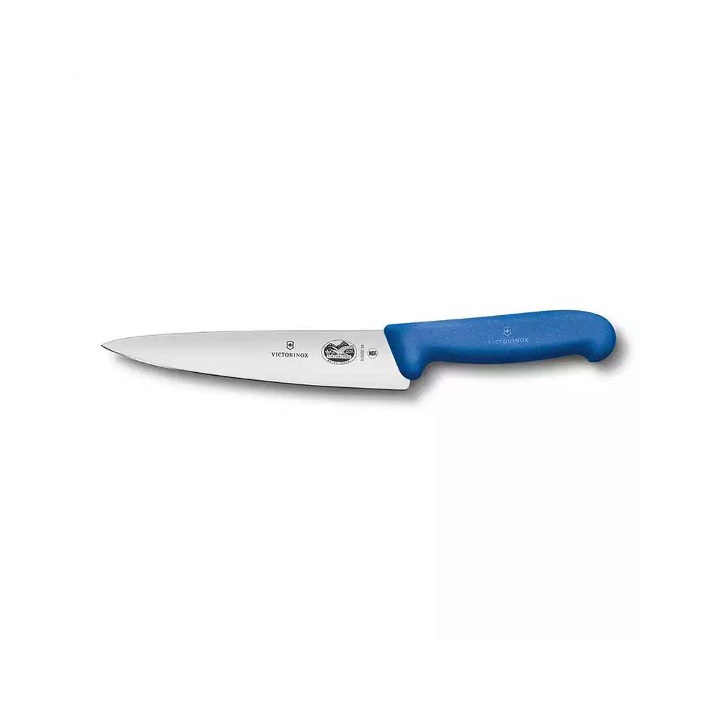 Mavi saplı bir Victorinox bıçağı beyaz zeminde duruyor.