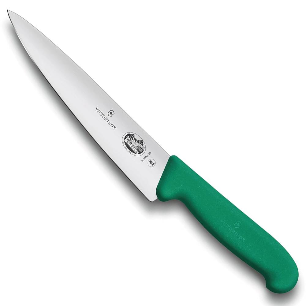 Gümüş bıçaklı ve saplı yeşil bir Victorinox şef bıçağı.