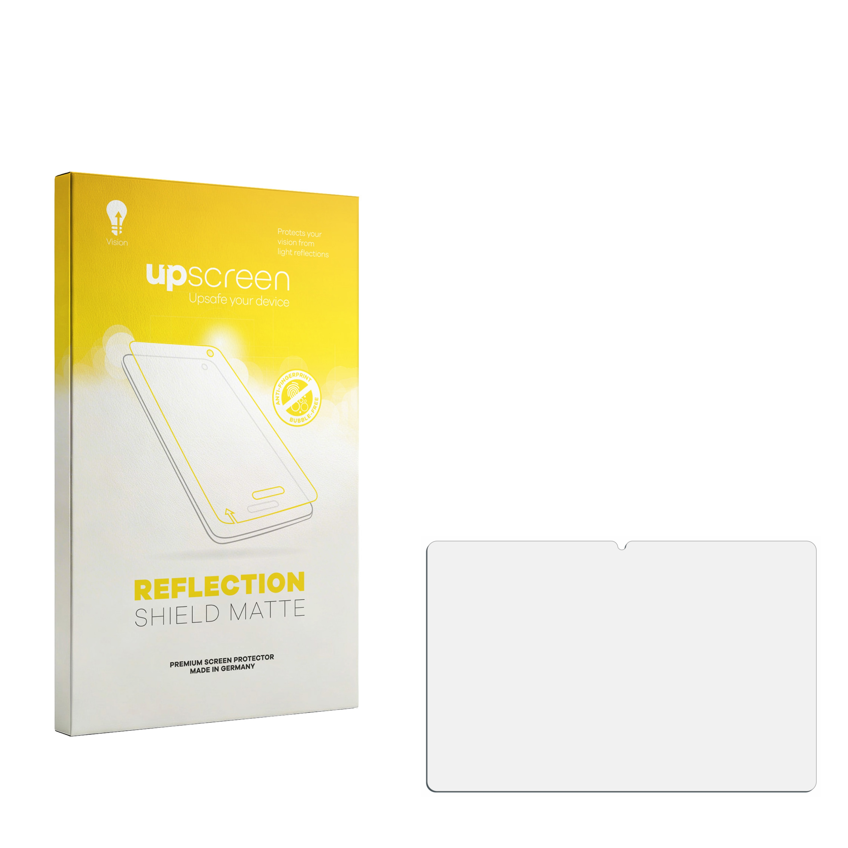 Gelbe Verpackung mit "upscreen"-Logo und mattem Displayschutz. Daneben ein Displayschutz.