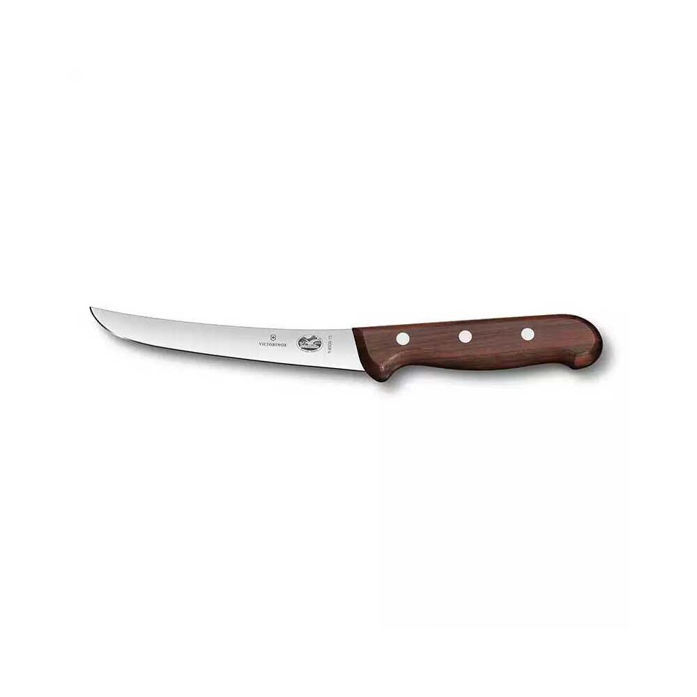 Üç perçinle sabitlenmiş kahverengi ahşap saplı kavisli Victorinox bıçağı.