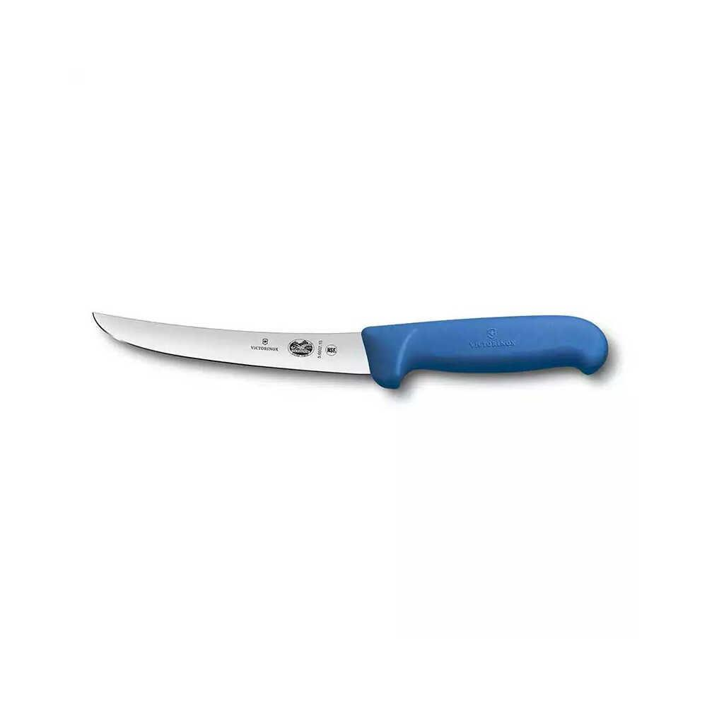 Mavi saplı, eğimli bıçaklı bir Victorinox bıçağı.