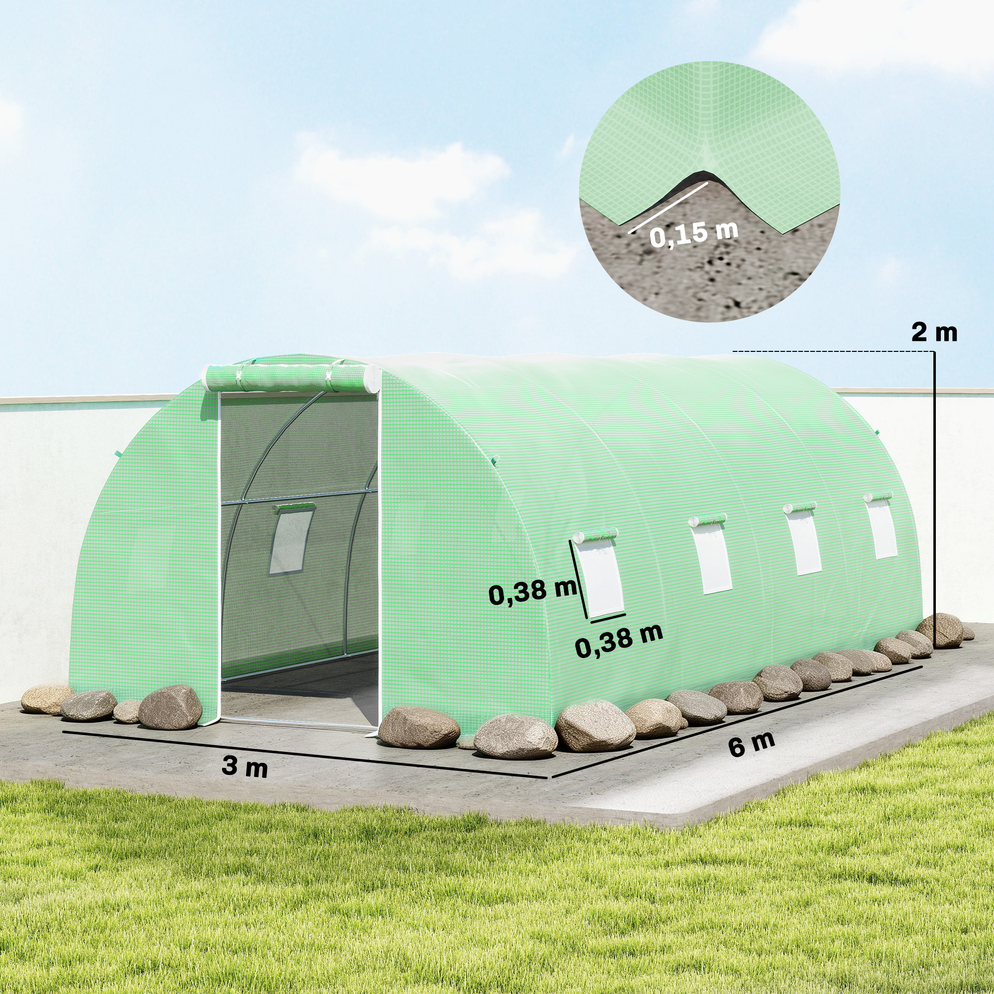 Invernadero verde con dimensiones. Cuenta con ventanas y anclajes de roca.