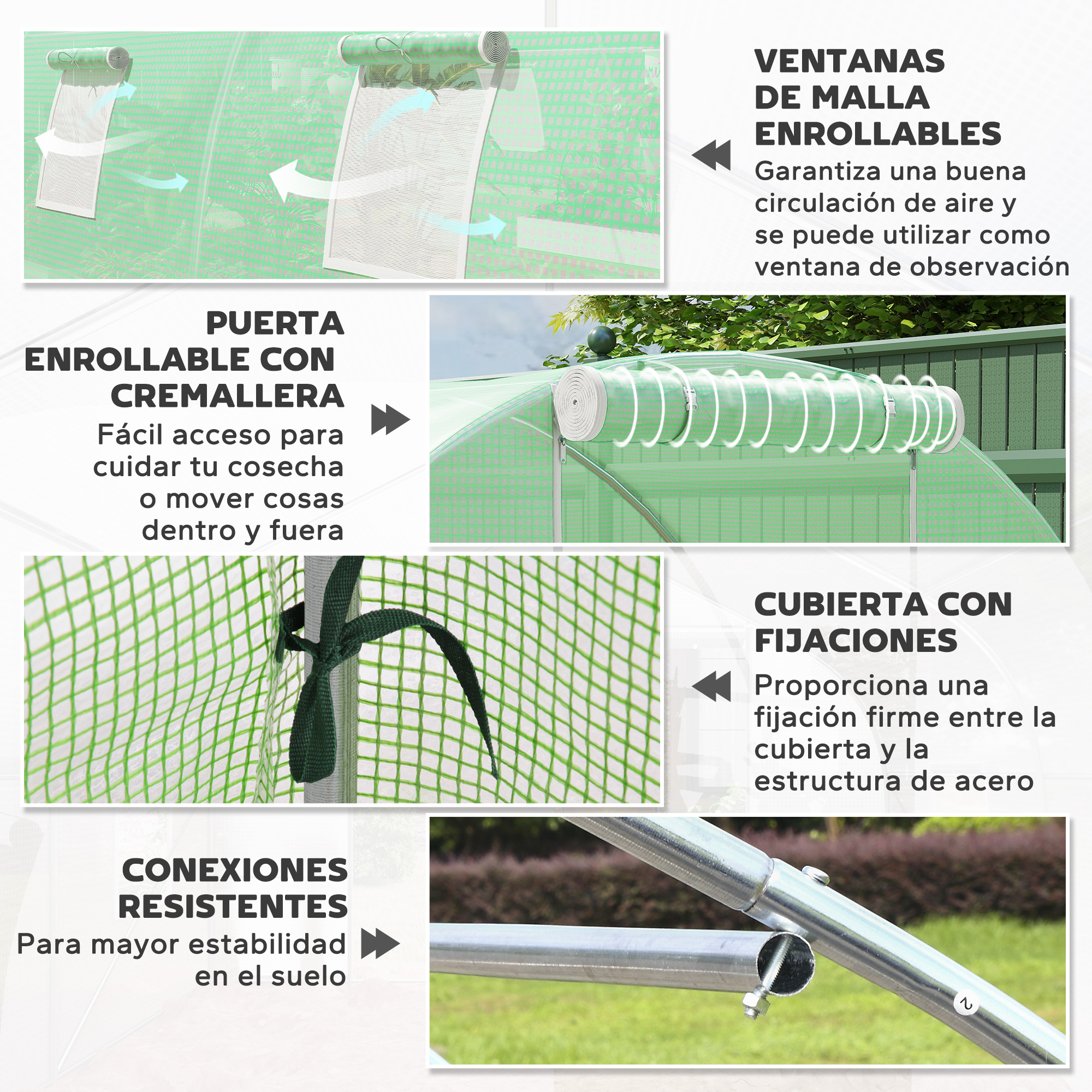 Un invernadero verde con ventanas enrollables, puerta con cremallera y conexiones seguras.