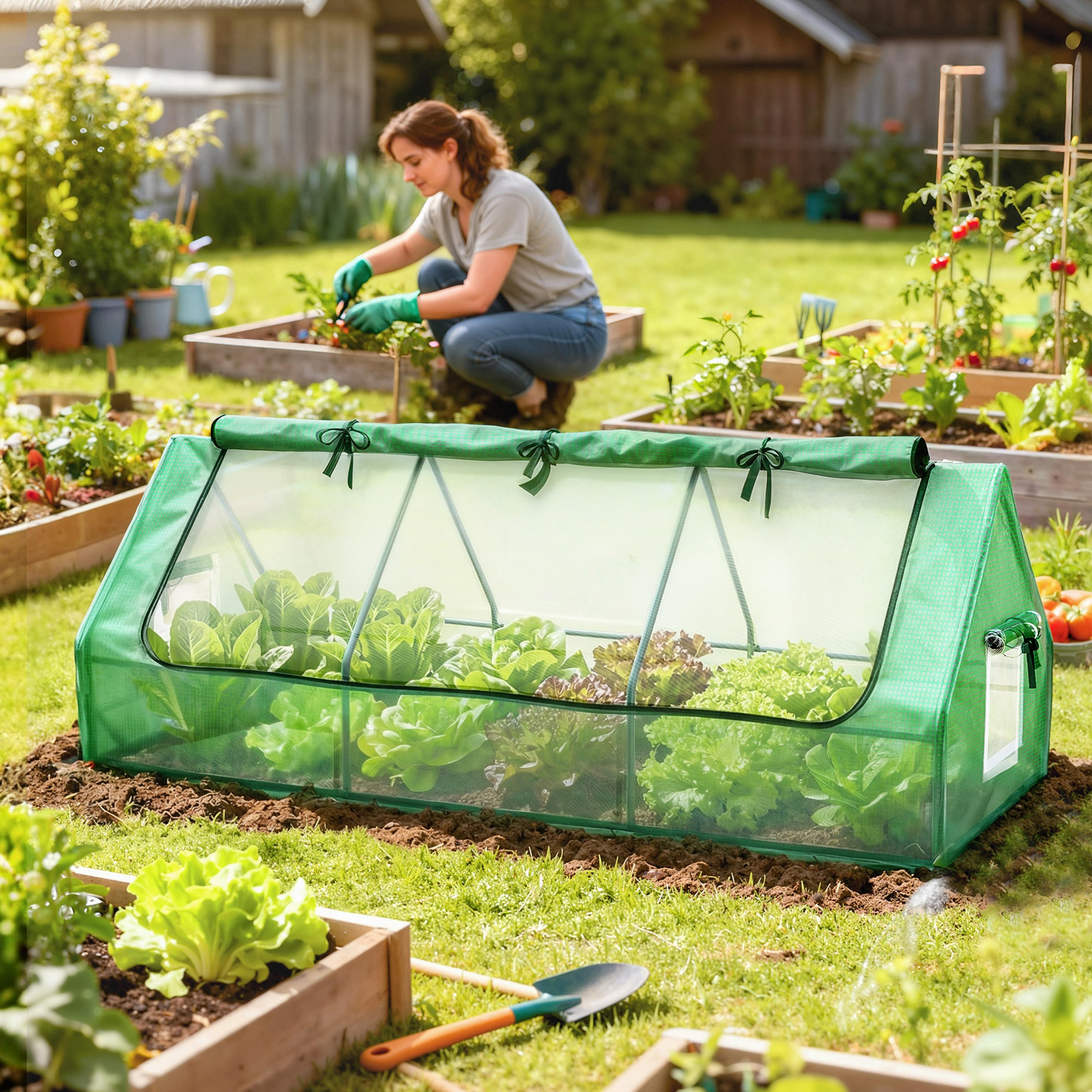 Una mujer cuida el jardín cerca de un mini-invernadero verde con lechugas y plantas.