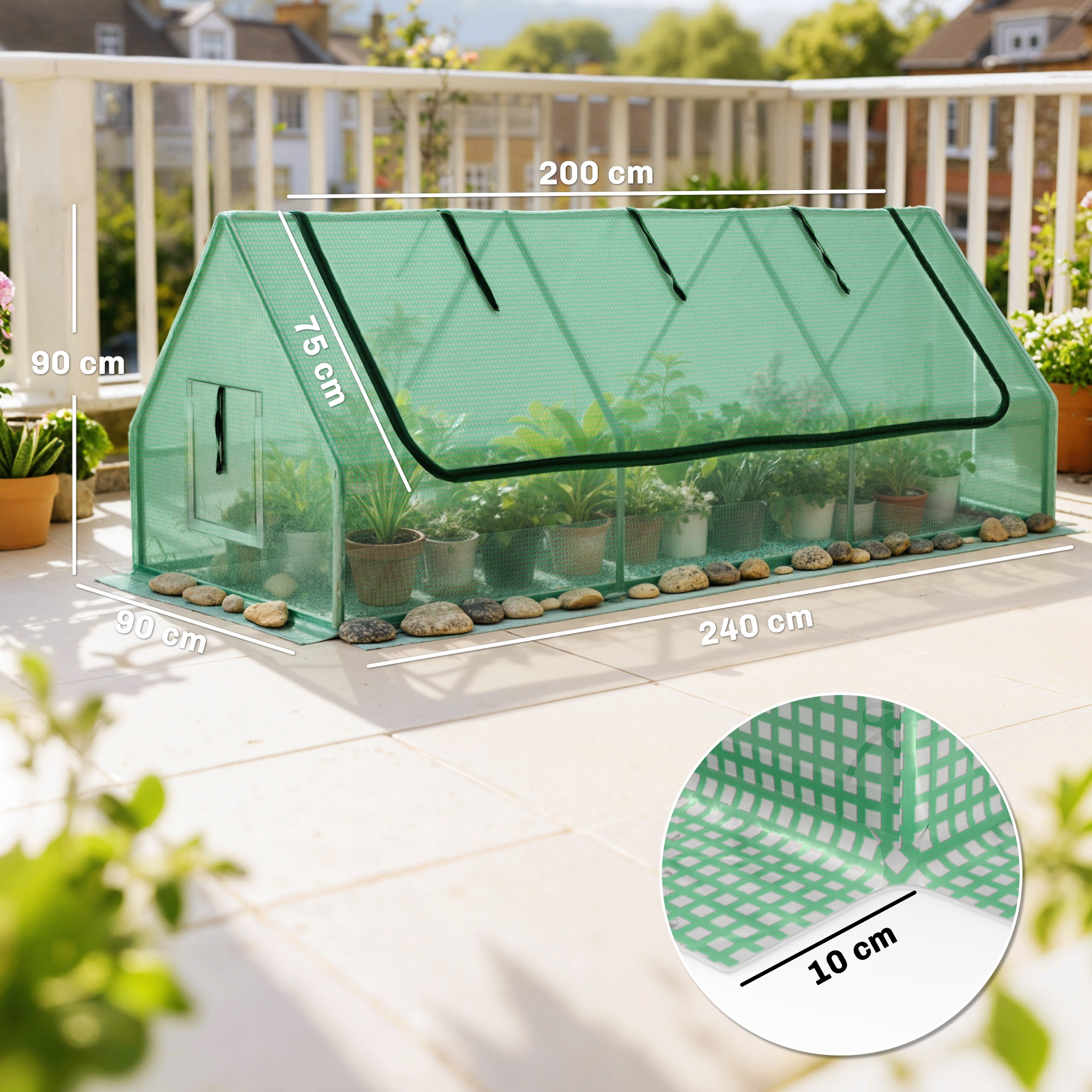 Invernadero de malla verde en patio con plantas. Dimensiones: 200x90x75cm, 240cm largo.