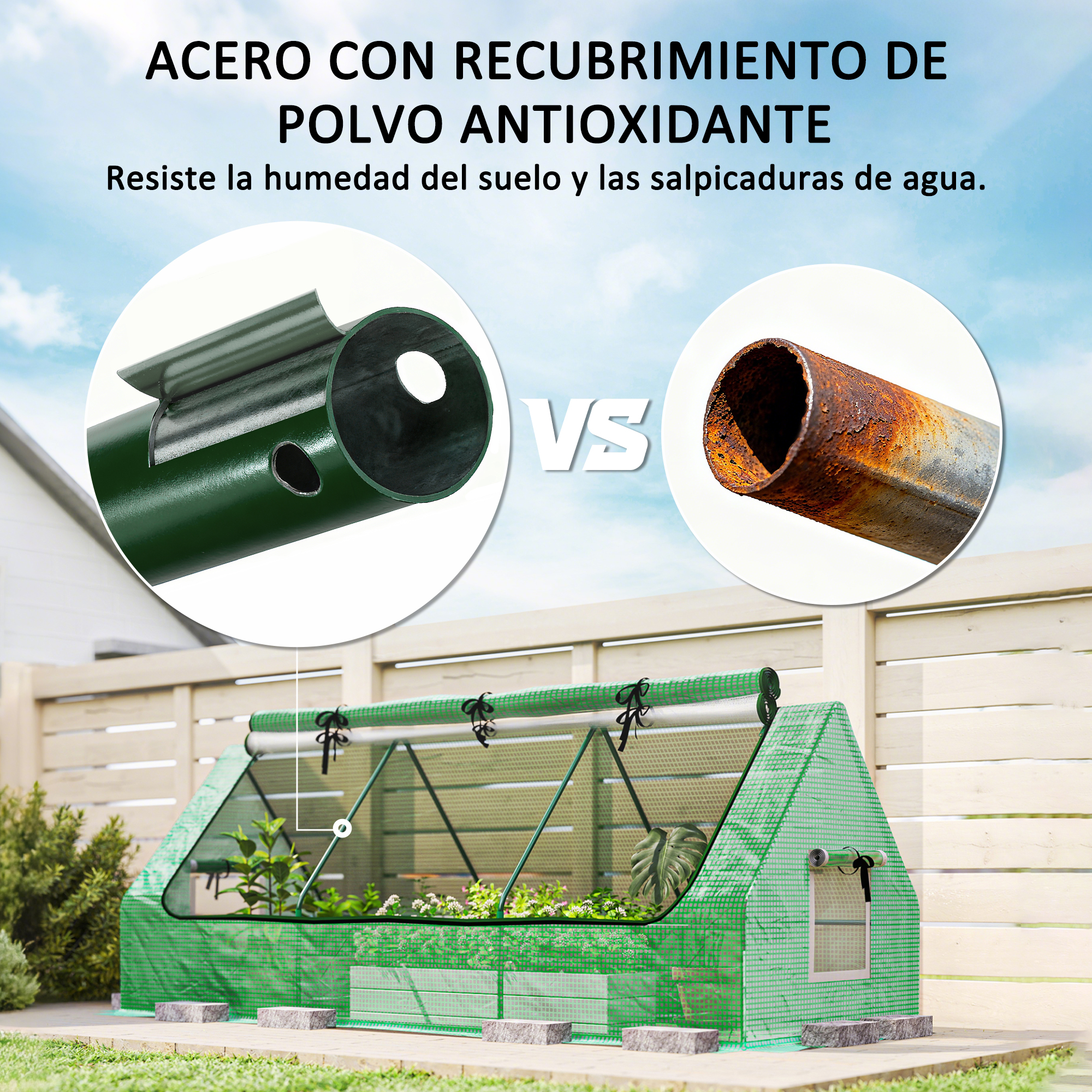 Invernadero verde con comparación de tubo de metal recubierto vs oxidado.