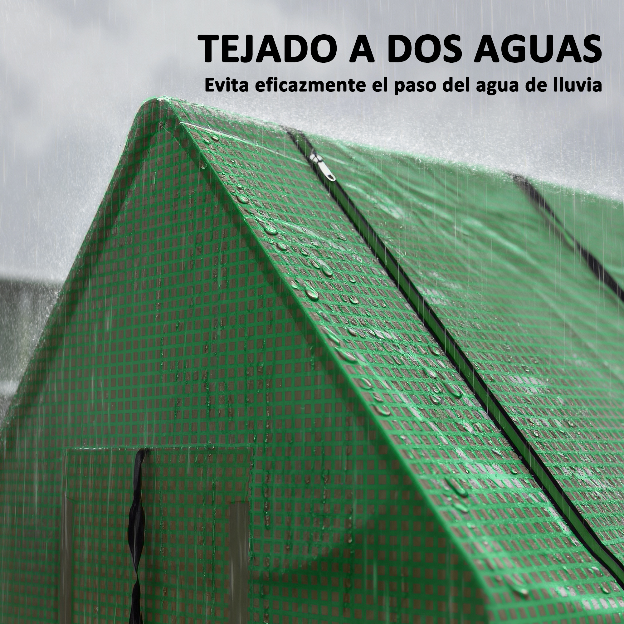 Techo de tienda verde con gotas de lluvia, patrón de rejilla y cremallera.