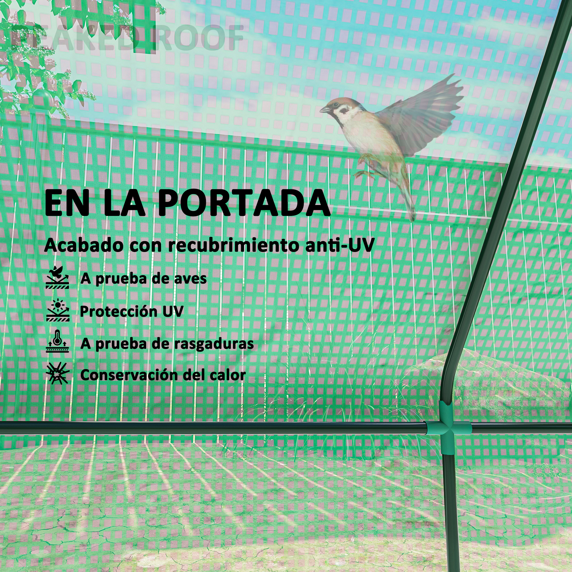 Un gorrión se posa en una valla de malla verde contra un cielo azul.