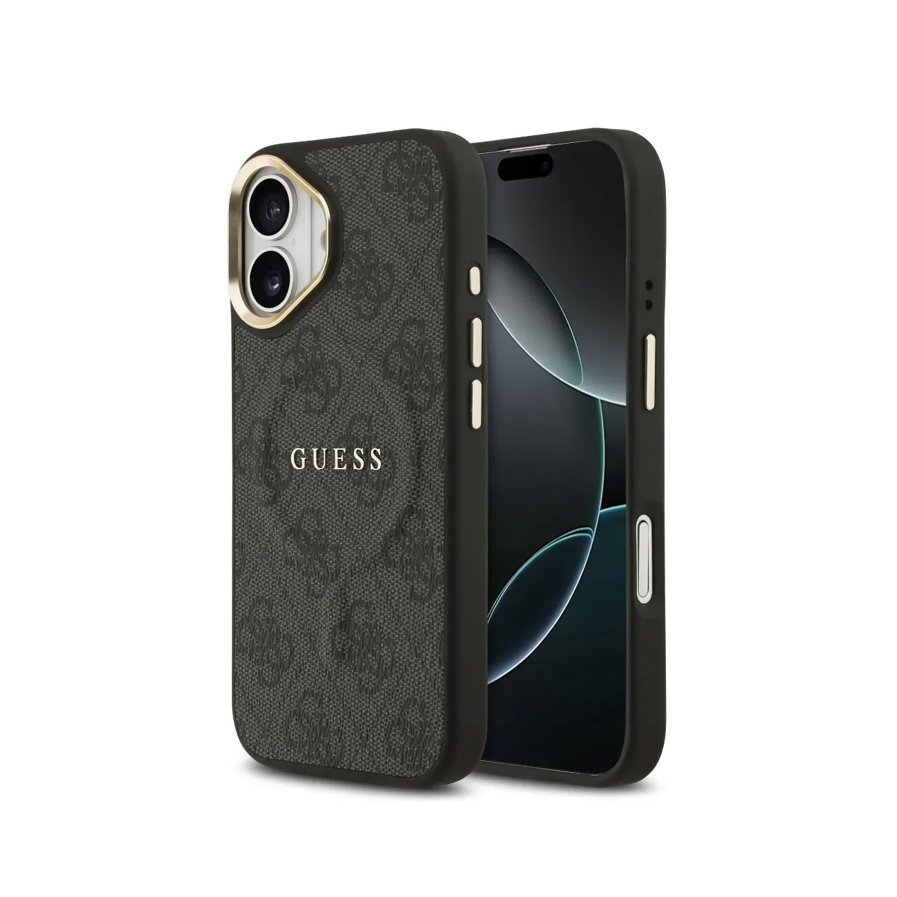 Una custodia Guess nera con bordo dorato sull'obiettivo della fotocamera, su sfondo bianco.