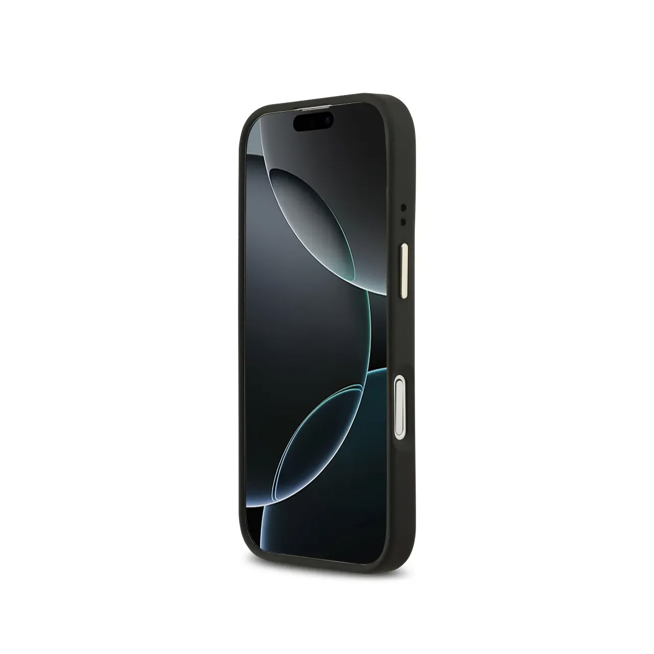 Cover nera per telefono con schermo scuro, anelli astratti blu chiaro su sfondo bianco.