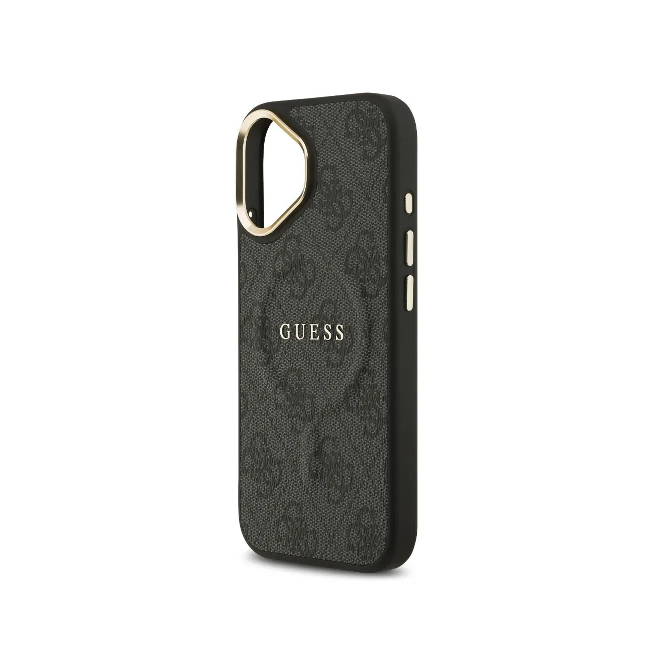 Custodia nera per telefono con logo GUESS e finiture dorate, sfondo bianco.