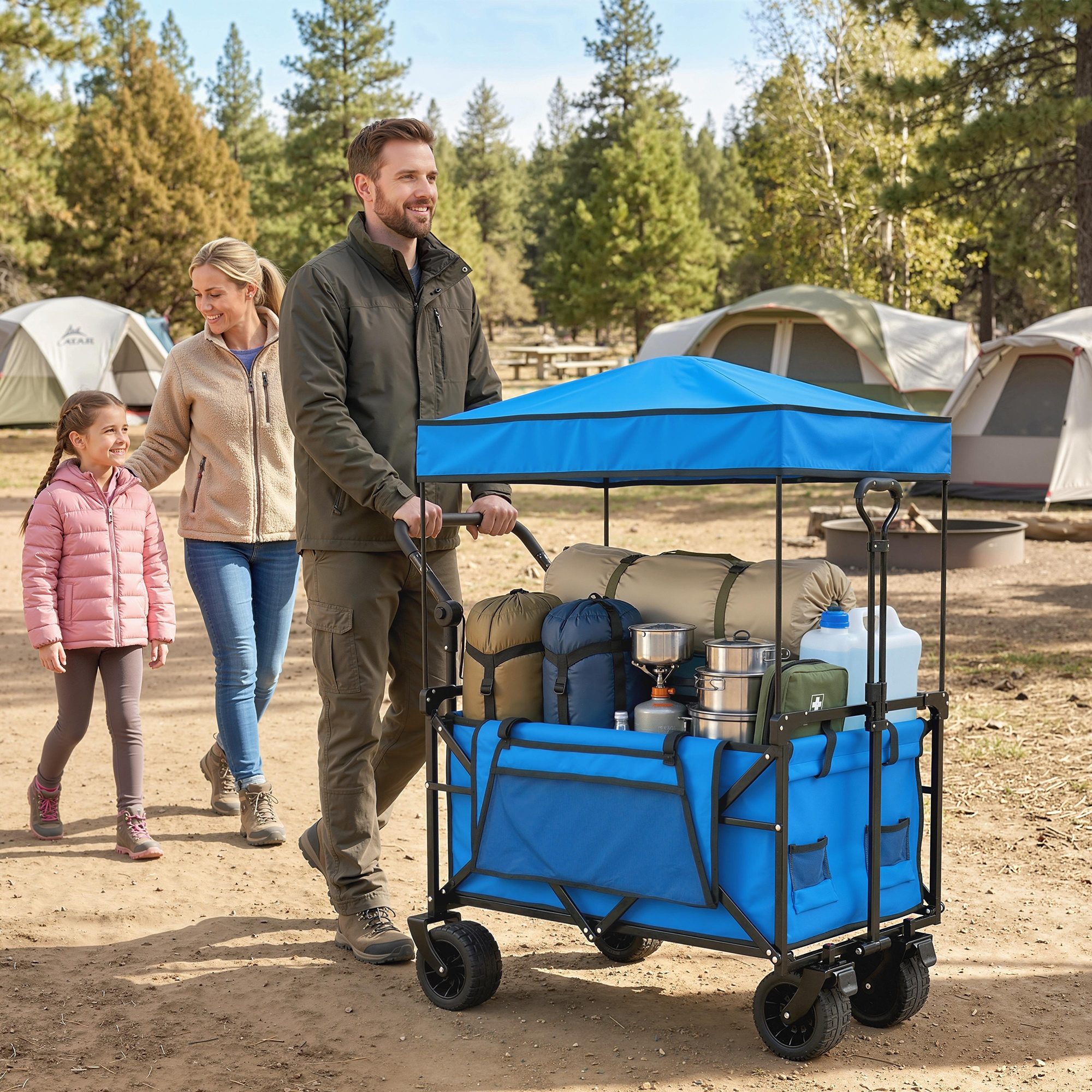Familia empuja carrito con equipo de camping por sendero forestal. Tiendas de campaña al fondo.