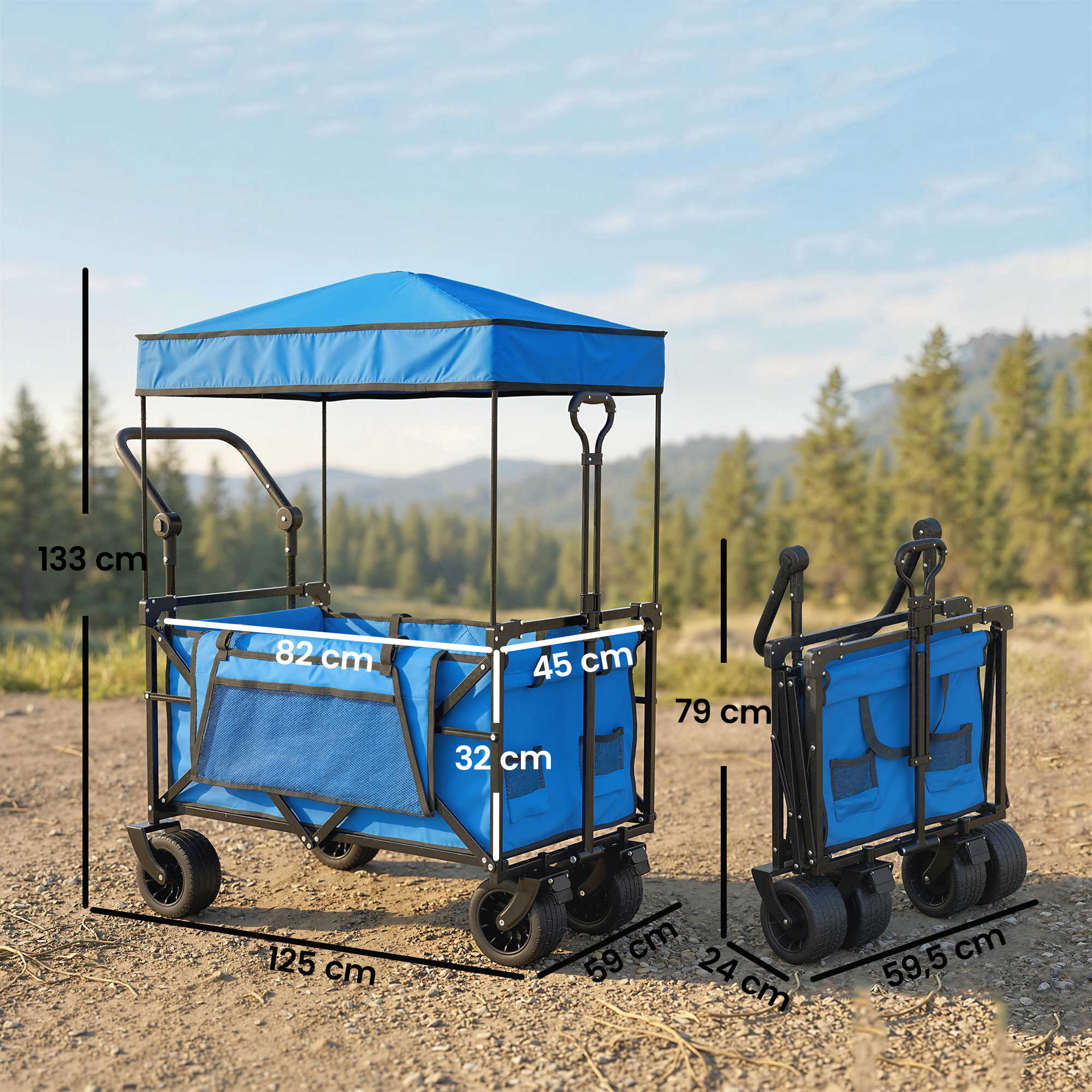 Un carro plegable azul con dimensiones, de pie al aire libre.