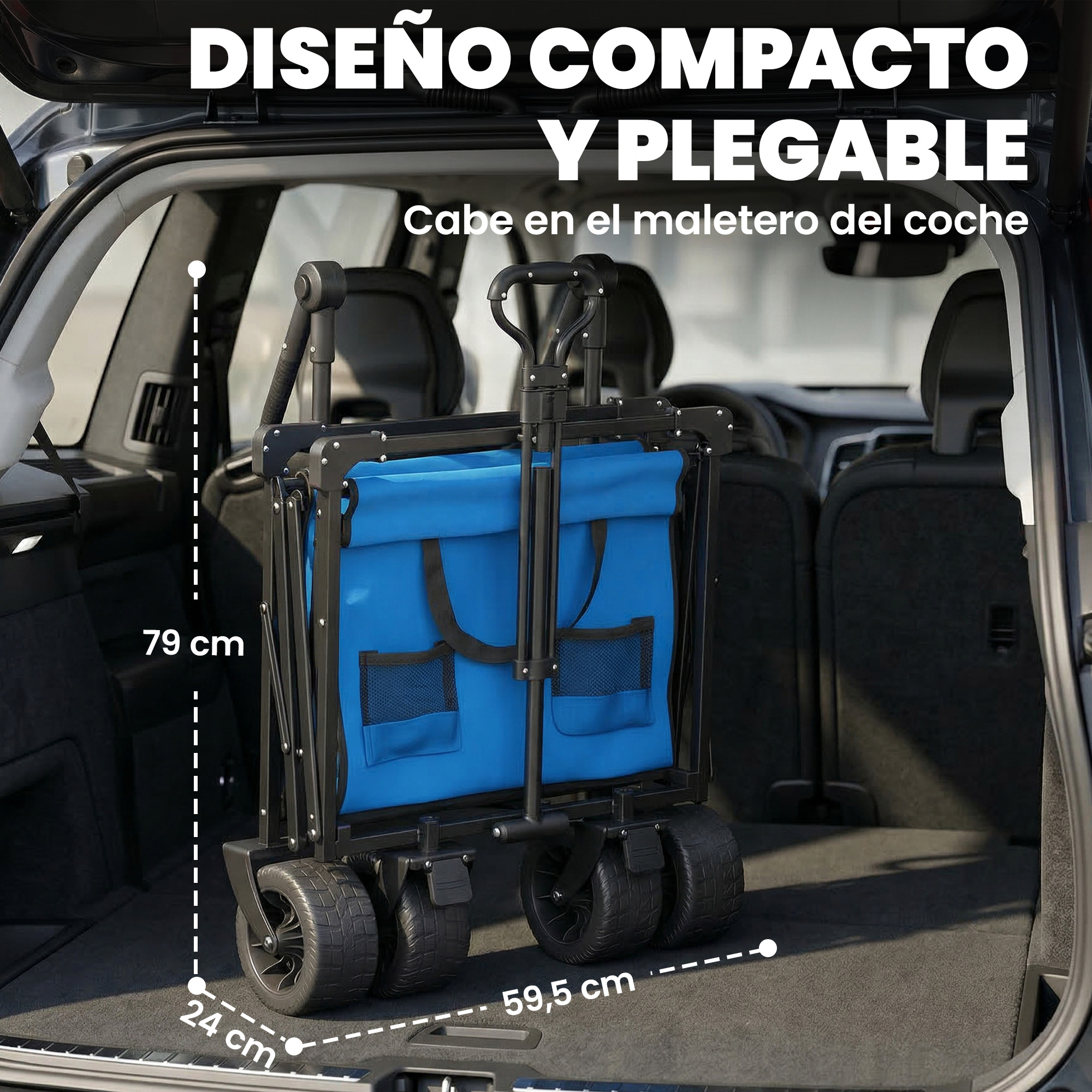 Un carro plegable azul con ruedas negras está en el maletero de un coche.